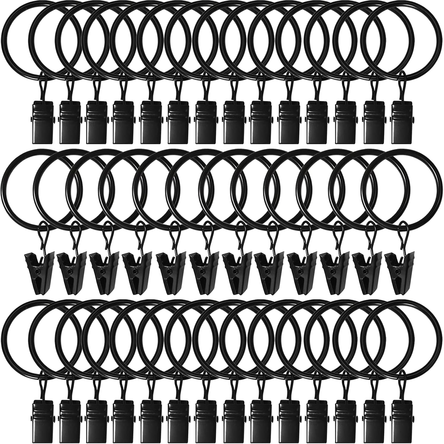 40 Pack Curtain Rings with Clips, Drapery Clips Rings, Drapes 1.26 in Interior Diameter, Fits up to 1 Rod, Black 1.26