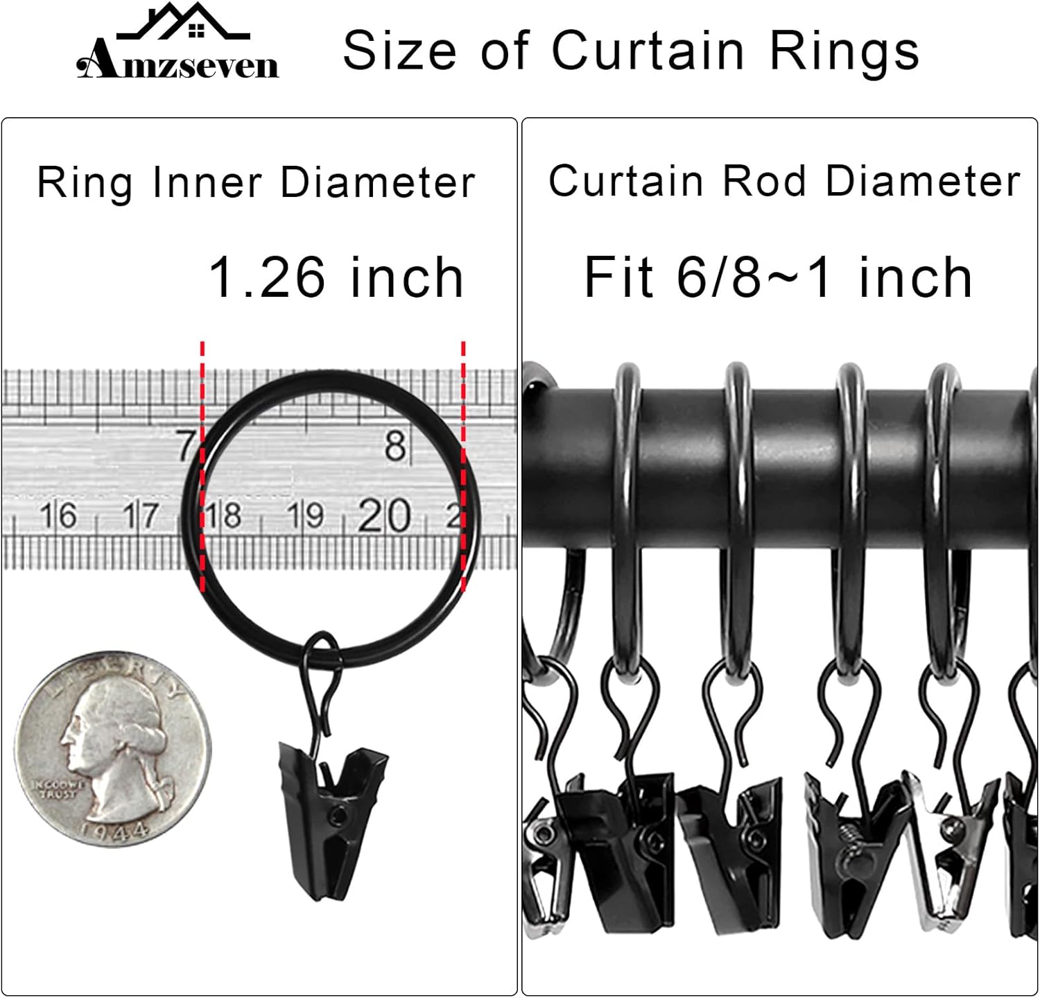 40 Pack Curtain Rings with Clips, Drapery Clips Rings, Drapes 1.26 in Interior Diameter, Fits up to 1 Rod, Black 1.26