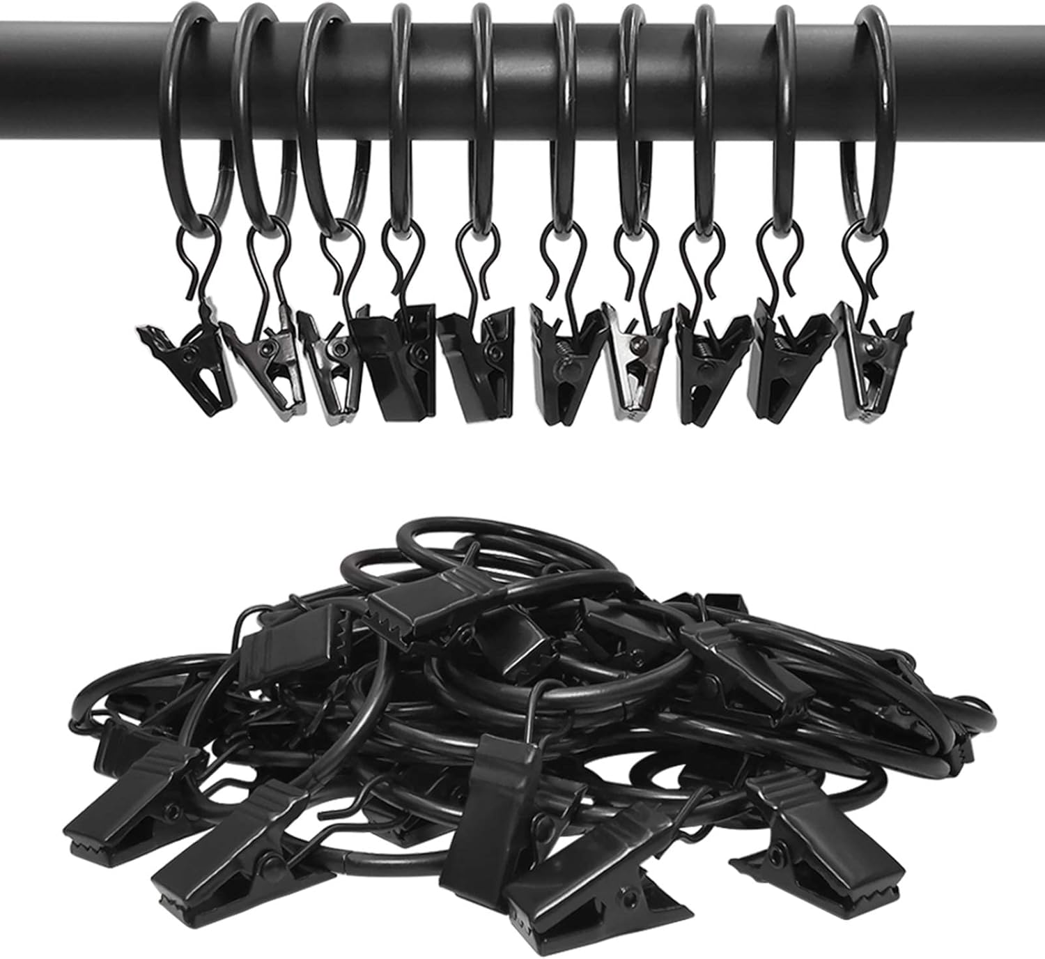 40 Pack Curtain Rings with Clips, Drapery Clips Rings, Drapes 1.26 in Interior Diameter, Fits up to 1 Rod, Black 1.26