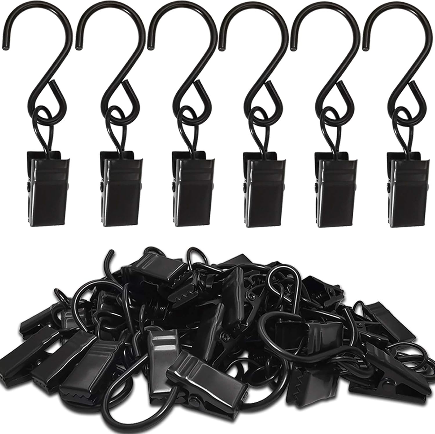 Stainless Steel S Hooks Curtain Clips, 50 Pack Hanging Party Lights Clips Hangers Gutter Photo, Art Craft Display, 2.4 Inch Long, Black Long - - Image 1