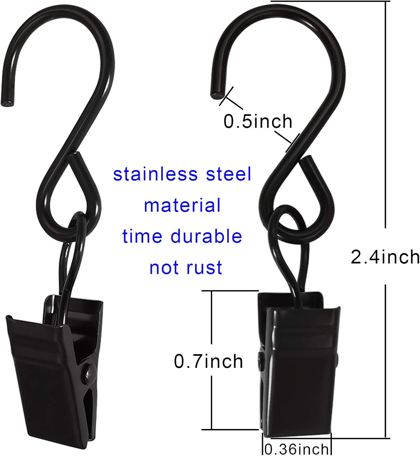 Stainless Steel S Hooks Curtain Clips, 50 Pack Hanging Party Lights Clips Hangers Gutter Photo, Art Craft Display, 2.4 Inch Long, Black Long - - Image 2