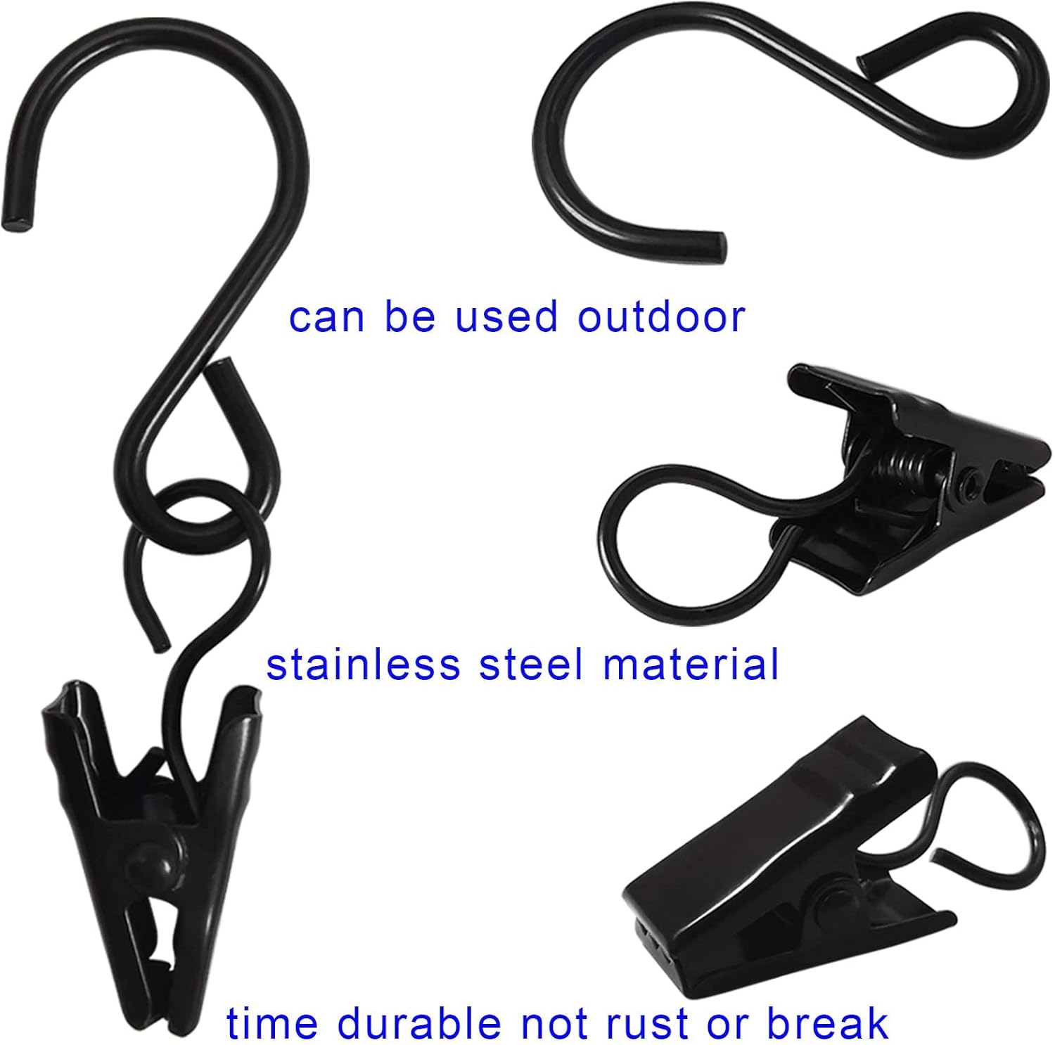 Stainless Steel S Hooks Curtain Clips, 50 Pack Hanging Party Lights Clips Hangers Gutter Photo, Art Craft Display, 2.4 Inch Long, Black Long - - Image 3