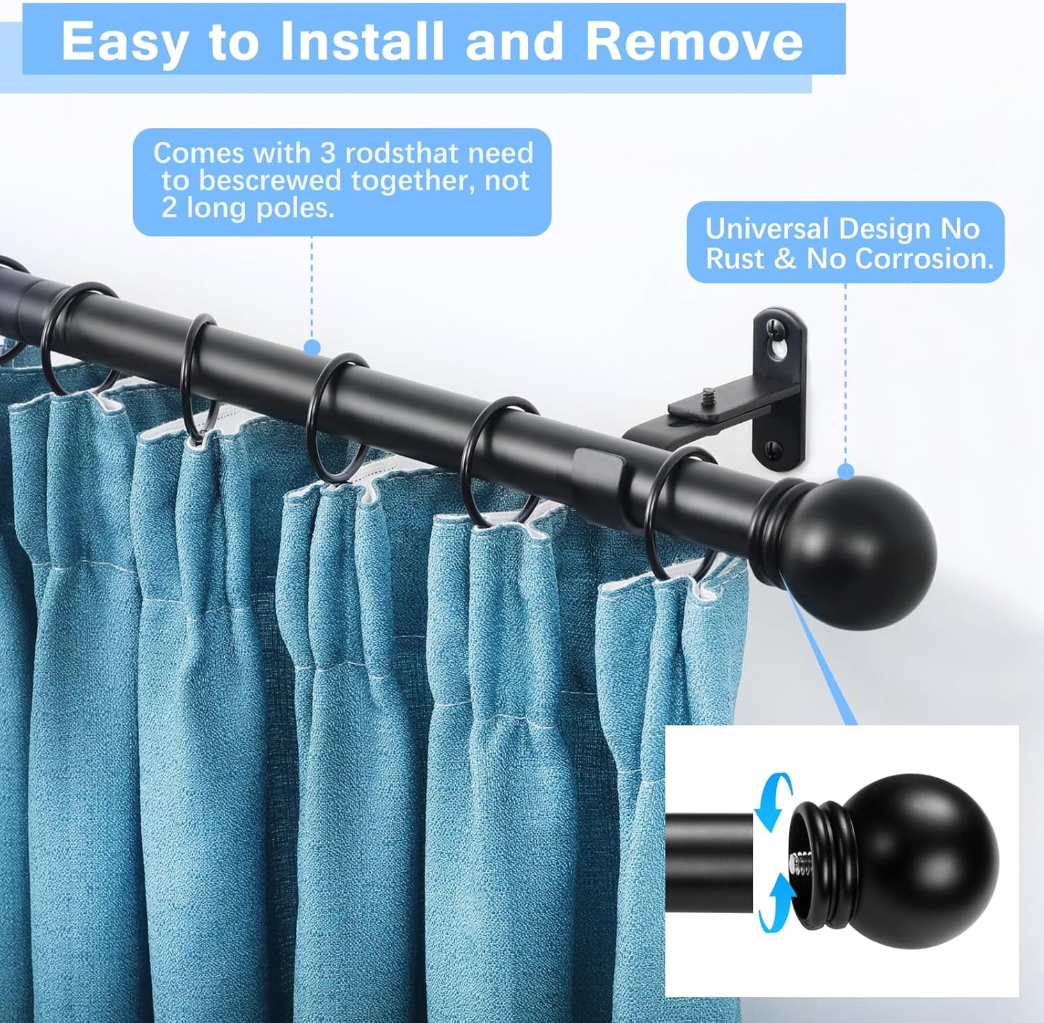 Curtain Rods for Windows 16 to 48 Inches, Rod Max Adjustable Length of 60 IN, 1
