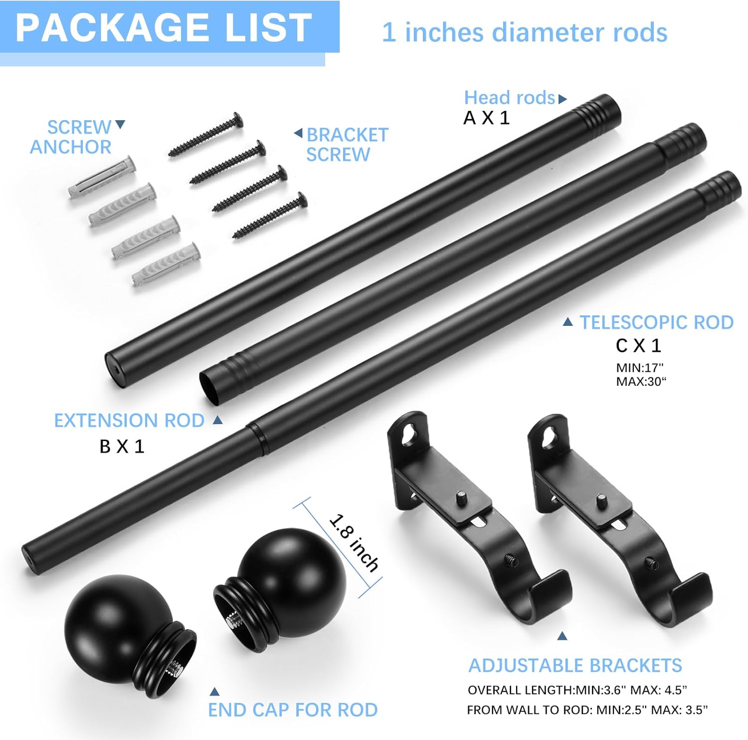 Curtain Rods for Windows 16 to 48 Inches, Rod Max Adjustable Length of 60 IN, 1