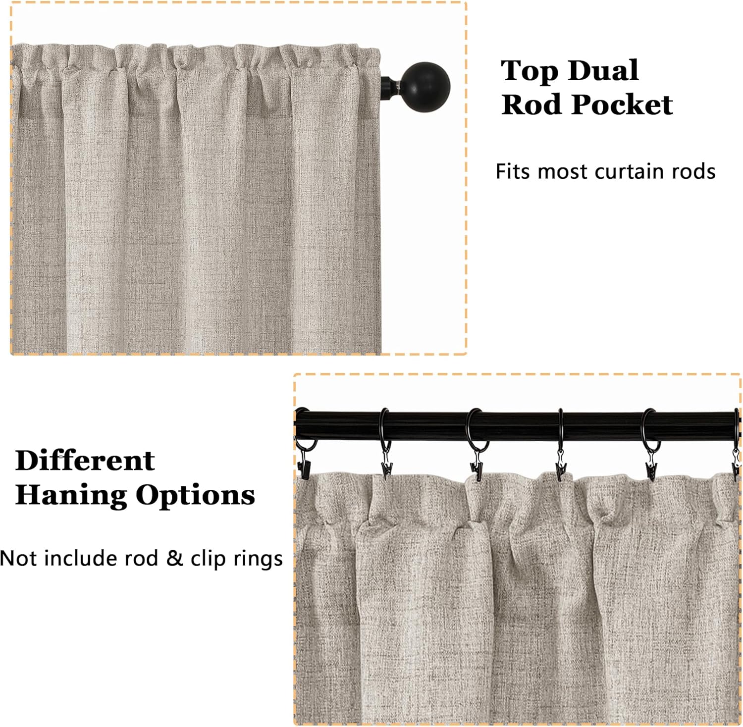 Linen Valances for Windows 1 Pcs, Light Filtering Textured Farmhouse Short Small Valance Curtains Bathroom Basement Living Room Bedroom, Rod Pocket Half Over Sink, 60Wx14L Inch 60
