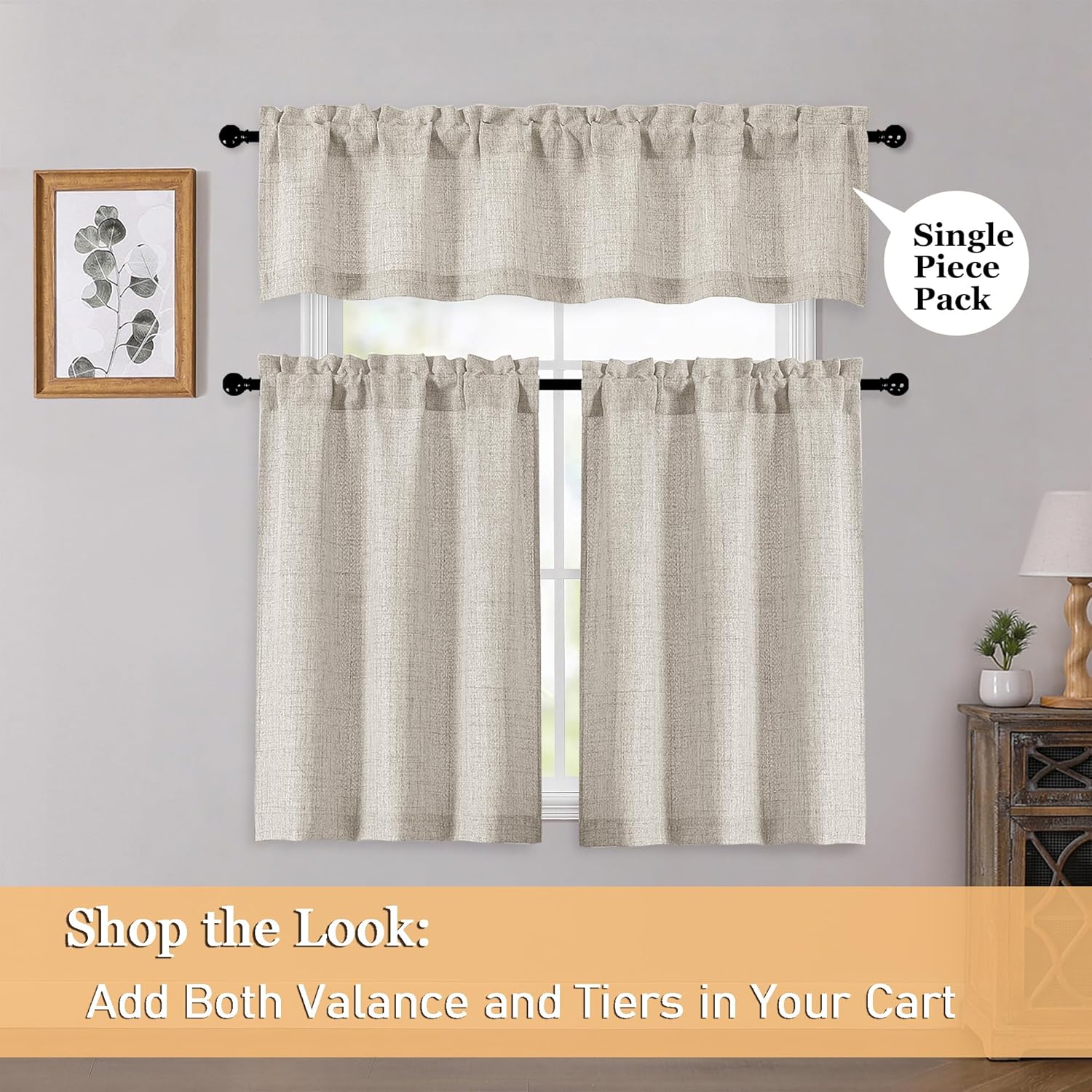 Linen Valances for Windows 1 Pcs, Light Filtering Textured Farmhouse Short Small Valance Curtains Bathroom Basement Living Room Bedroom, Rod Pocket Half Over Sink, 60Wx14L Inch 60