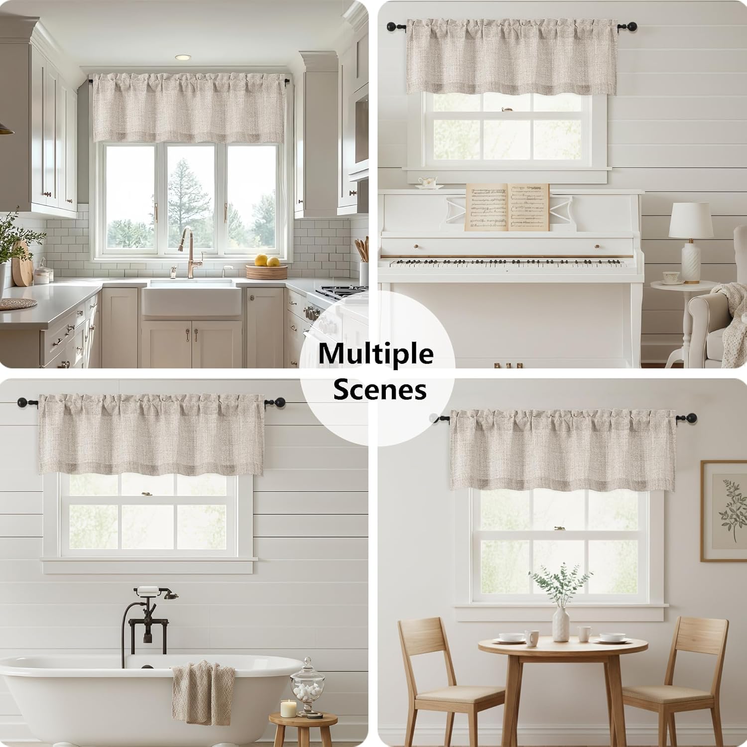 Linen Valances for Windows 1 Pcs, Light Filtering Textured Farmhouse Short Small Valance Curtains Bathroom Basement Living Room Bedroom, Rod Pocket Half Over Sink, 60Wx14L Inch 60