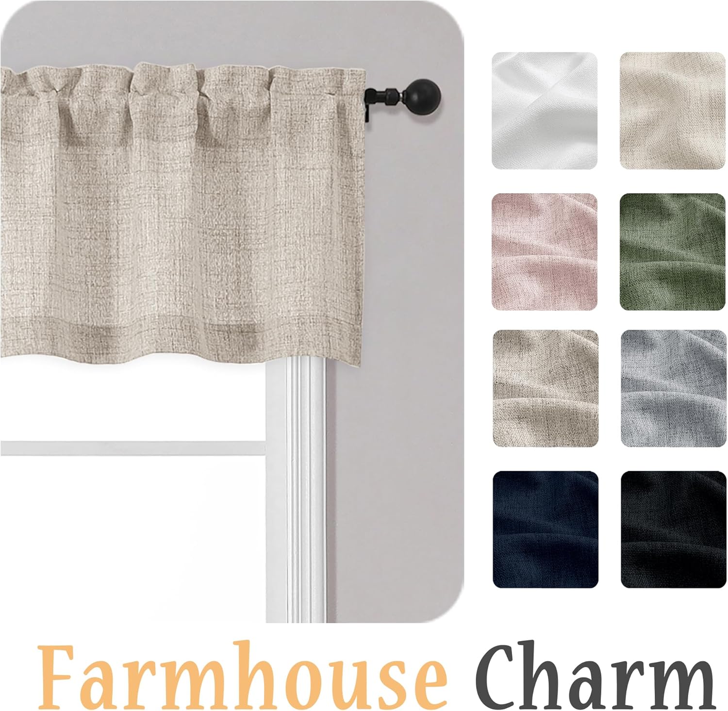 Linen Valances for Windows 1 Pcs, Light Filtering Textured Farmhouse Short Small Valance Curtains Bathroom Basement Living Room Bedroom, Rod Pocket Half Over Sink, 60Wx14L Inch 60