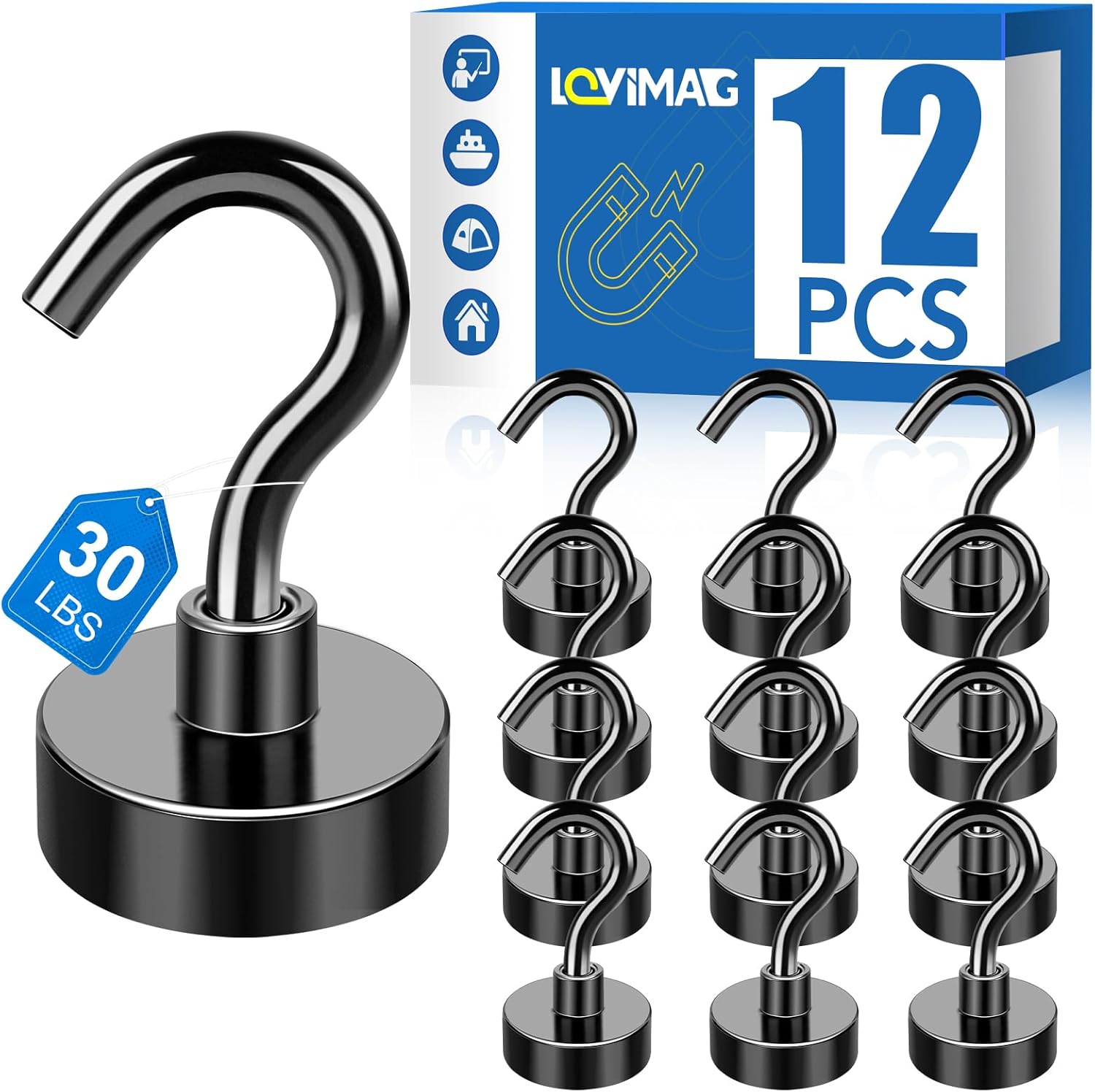 Magnetic Hooks, 12 Pack 30lbs+ Magnet Hook 2026 Cruise Cabin Ship Essentials Heavy Duty Strong Magnets Refrigerator Fridge Hanging for Classroom Beach Vacation Kitchen Grills (Black) Black 0.63in x - Image 1