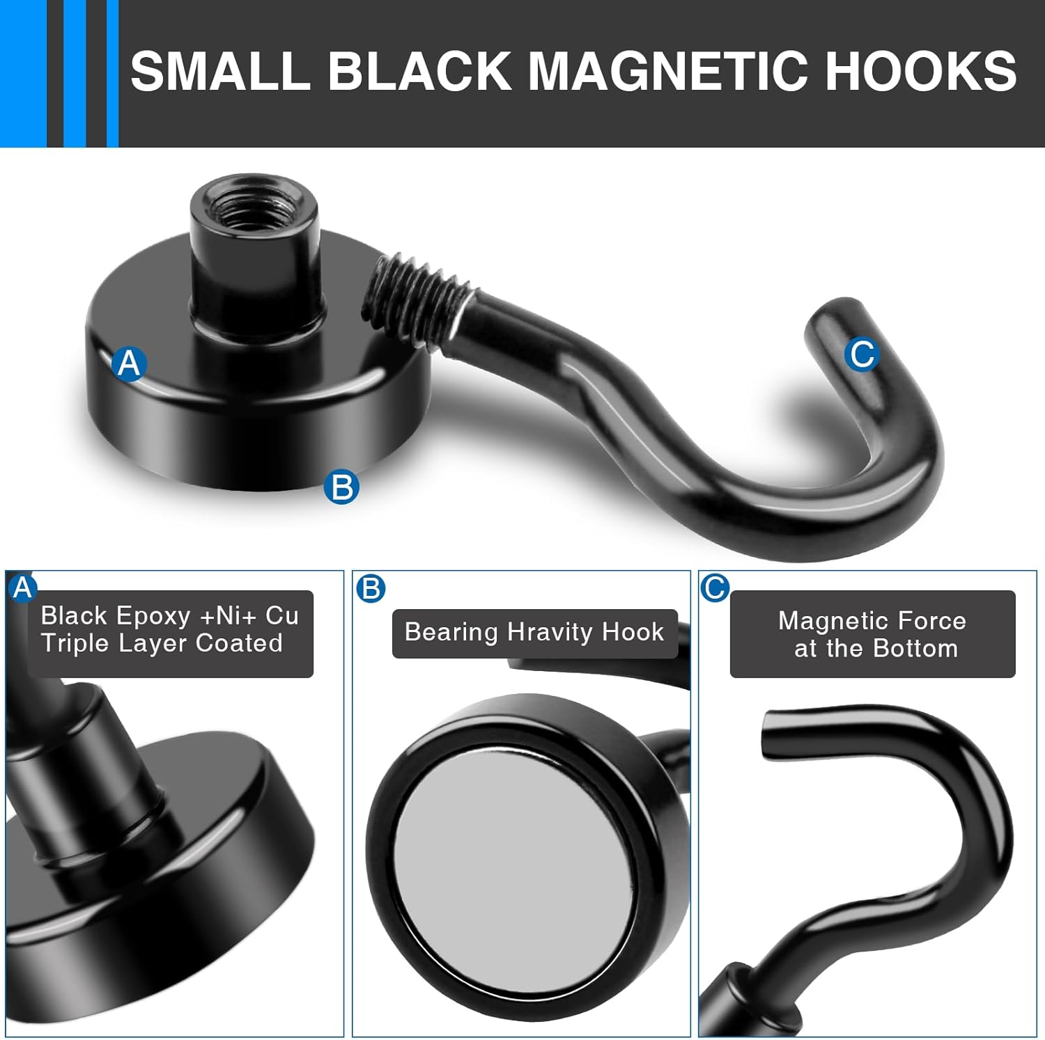 Magnetic Hooks, 12 Pack 30lbs+ Magnet Hook 2026 Cruise Cabin Ship Essentials Heavy Duty Strong Magnets Refrigerator Fridge Hanging for Classroom Beach Vacation Kitchen Grills (Black) Black 0.63in x - Image 5