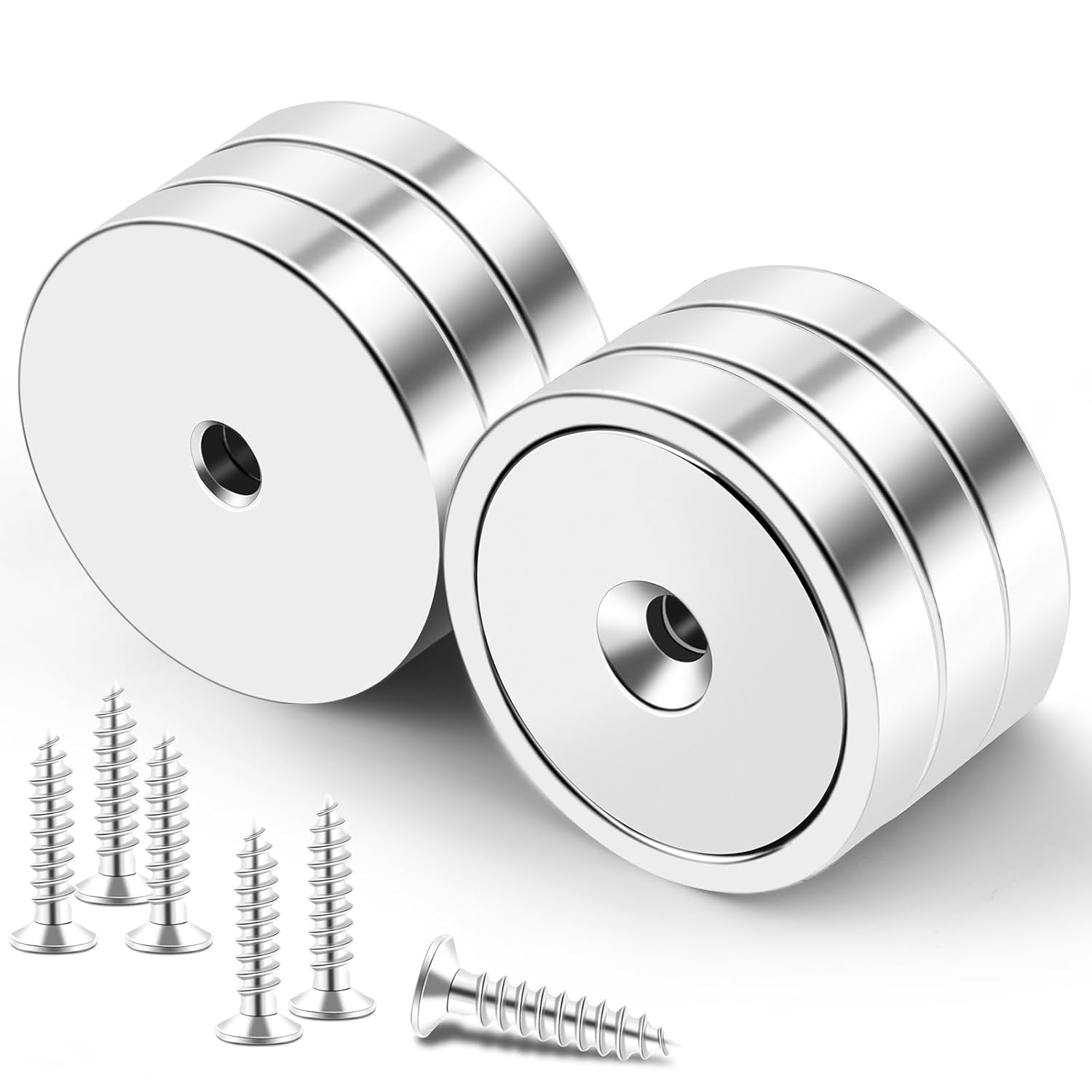 Strong Magnets, 150lb+ Waterproof Neodymium Cup Magnets with Screws for Wall Mounting,Rare Earth Magnet Holes Holding Tools Lifting, Hanging(Silver, 6 Pack) - 150lb - Image 1