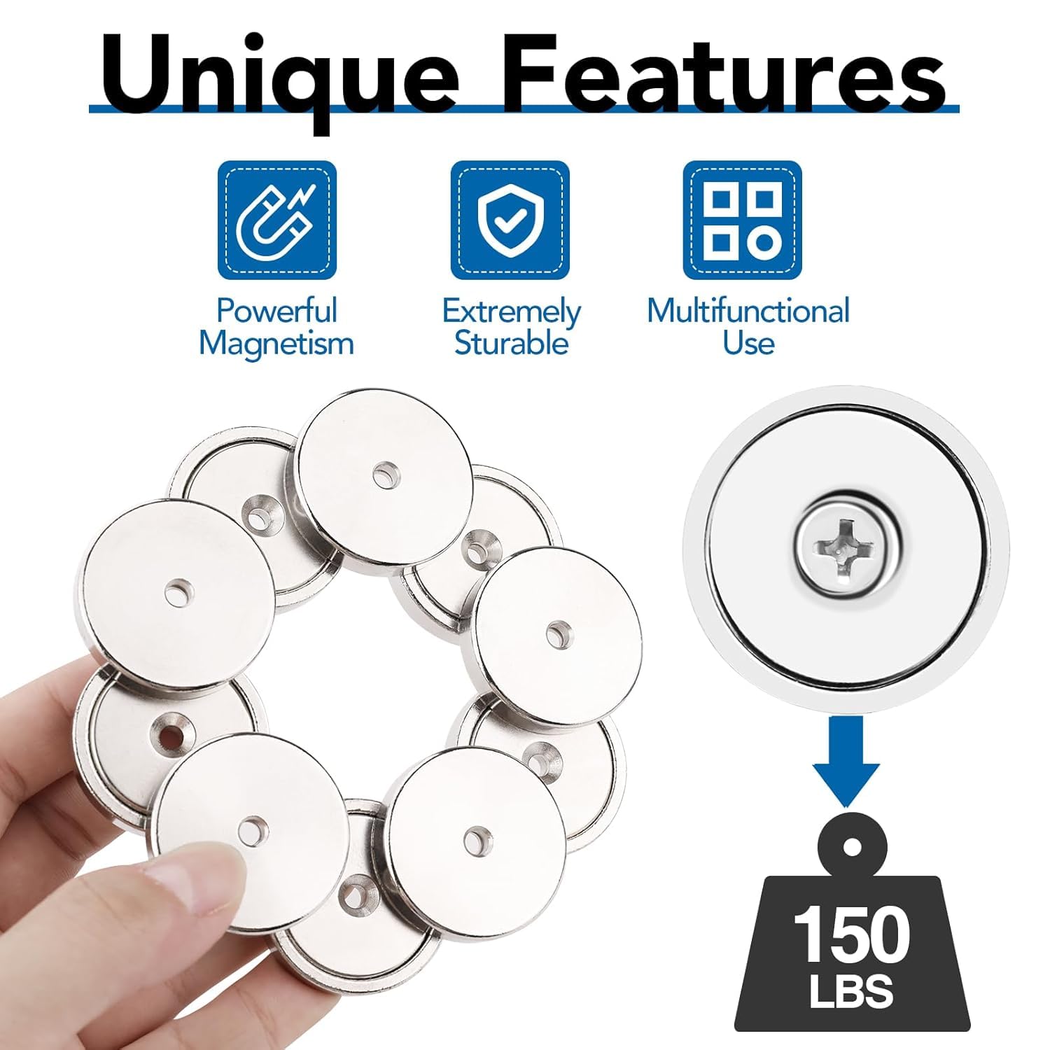 Strong Magnets, 150lb+ Waterproof Neodymium Cup Magnets with Screws for Wall Mounting,Rare Earth Magnet Holes Holding Tools Lifting, Hanging(Silver, 6 Pack) - 150lb - Image 3