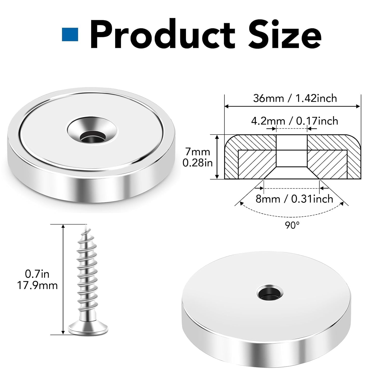 Strong Magnets, 150lb+ Waterproof Neodymium Cup Magnets with Screws for Wall Mounting,Rare Earth Magnet Holes Holding Tools Lifting, Hanging(Silver, 6 Pack) - 150lb - Image 4