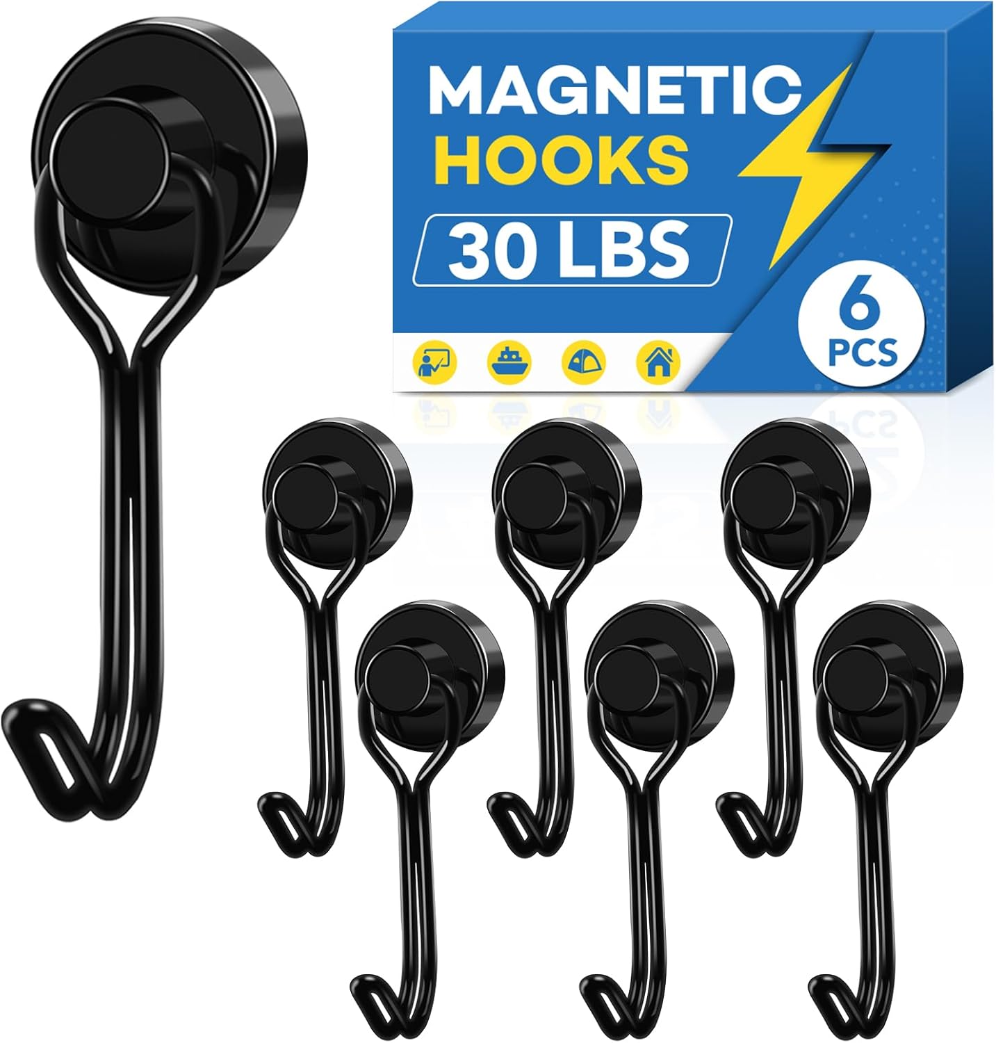 Hooks, 30lbs+ Magnetic Magnet Hook 2026 Cruise Cabin Ship Essentials Heavy Duty Strong Refrigerator Fridge Hanging for Classroom Beach Vacation Kitchen Grills Home Mug Hanger (6 Pack) Black 0.63in x - Image 1