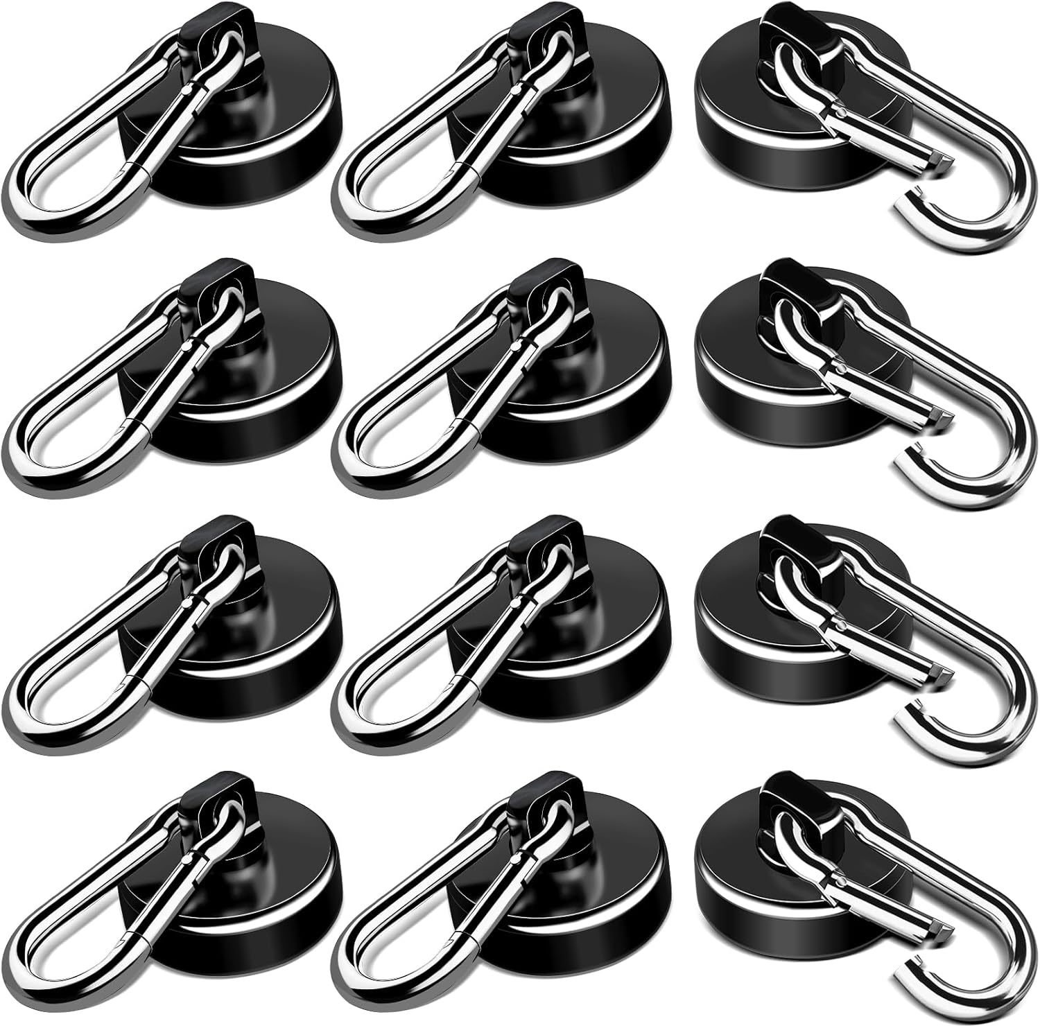 Strong Magnetic Hooks, 70LBS Hooks Heavy Duty Neodymium Magnets with Carabiner Hook, Magnet Swivel for Kitchen, Hanging, Cruise, Grill, Refrigerator - 12 Pack Black 2in x 0.98in - Image 1