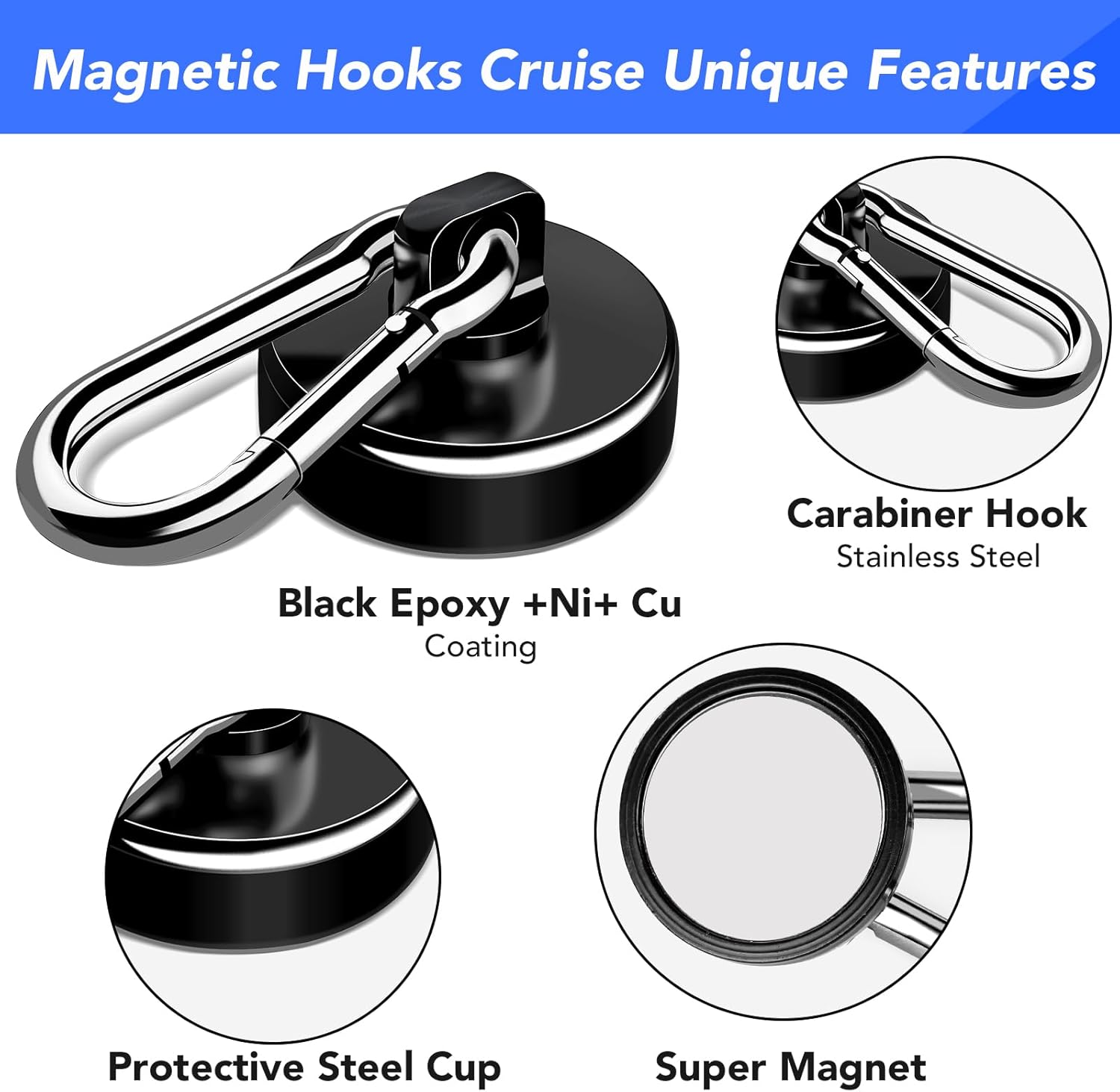 Strong Magnetic Hooks, 70LBS Hooks Heavy Duty Neodymium Magnets with Carabiner Hook, Magnet Swivel for Kitchen, Hanging, Cruise, Grill, Refrigerator - 12 Pack Black 2in x 0.98in - Image 4