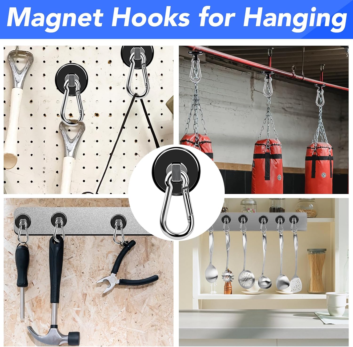 Strong Magnetic Hooks, 70LBS Hooks Heavy Duty Neodymium Magnets with Carabiner Hook, Magnet Swivel for Kitchen, Hanging, Cruise, Grill, Refrigerator - 12 Pack Black 2in x 0.98in - Image 6