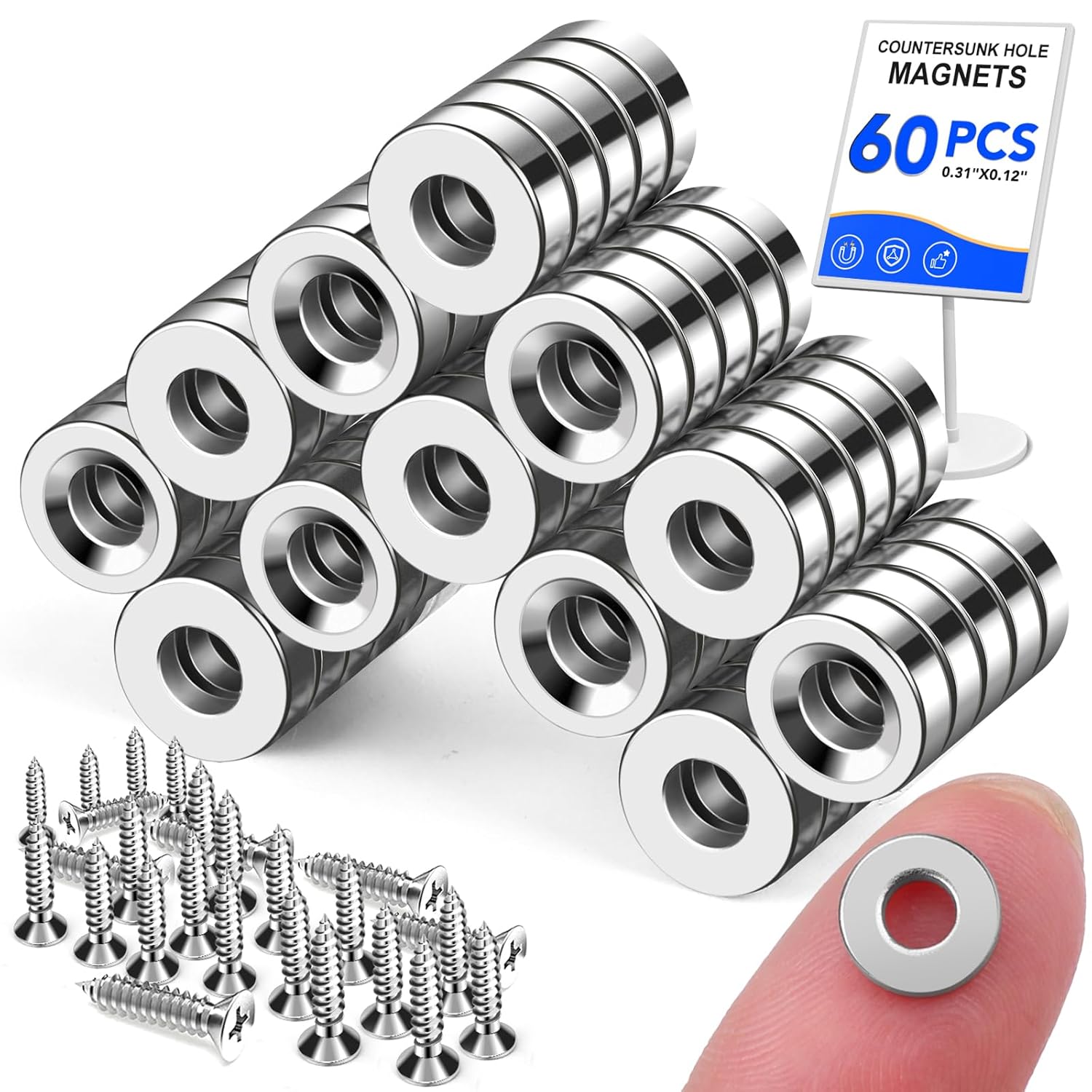 Small Round Magnets with Holes 60 Pack, Cabinet for Doors, Drawers, Rare Earth Refrigerator Magnet Fridge, Science, Cat Eye Magnet, Pinning - 0.31x0.12inch - Image 1