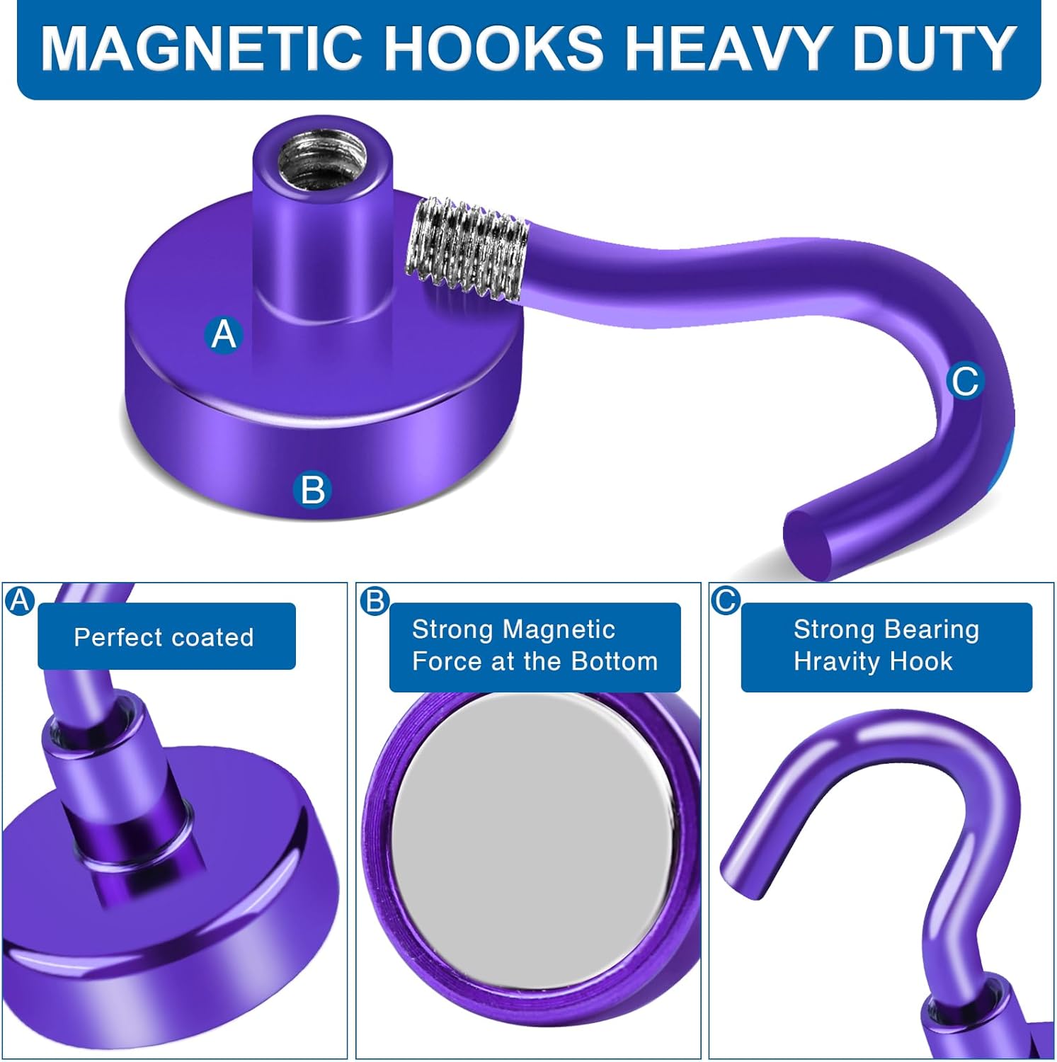 Cruise Essentials, 28lbs Magnetic Hooks for Cabins, Purple Magnets Door, Strong Hanging, Refrigerator, Celling, Grill - 12 Pack - Image 4