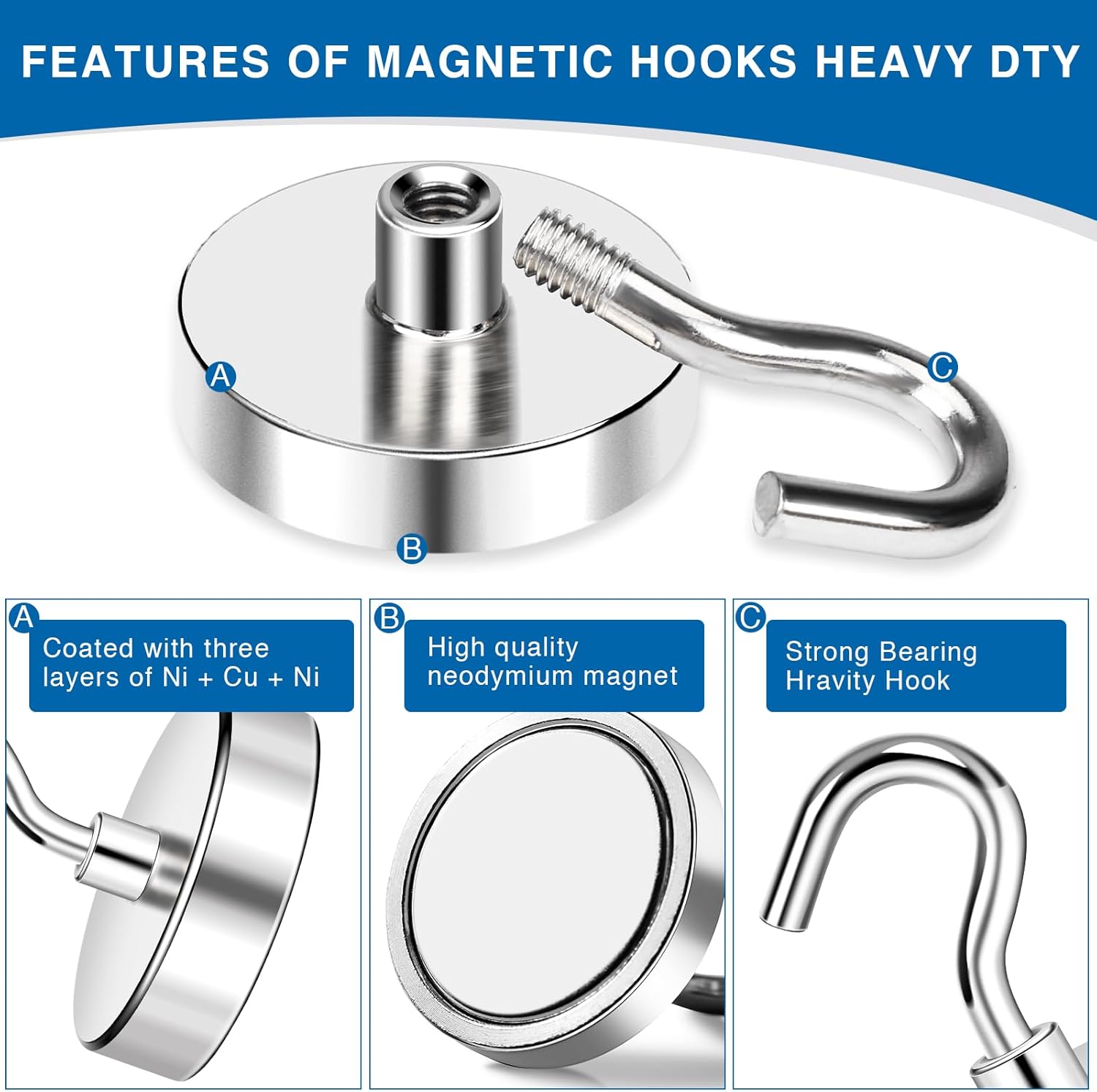 150LBS Magnetic Hooks, Strong Magnet Hooks for Hanging Heavy Duty, Neodymium Magnets with Refrigerator, Cruise Cabins, Hanging, Grill, Kitchen, Locker - 2 Pack, 150lbs-2p - Image 4