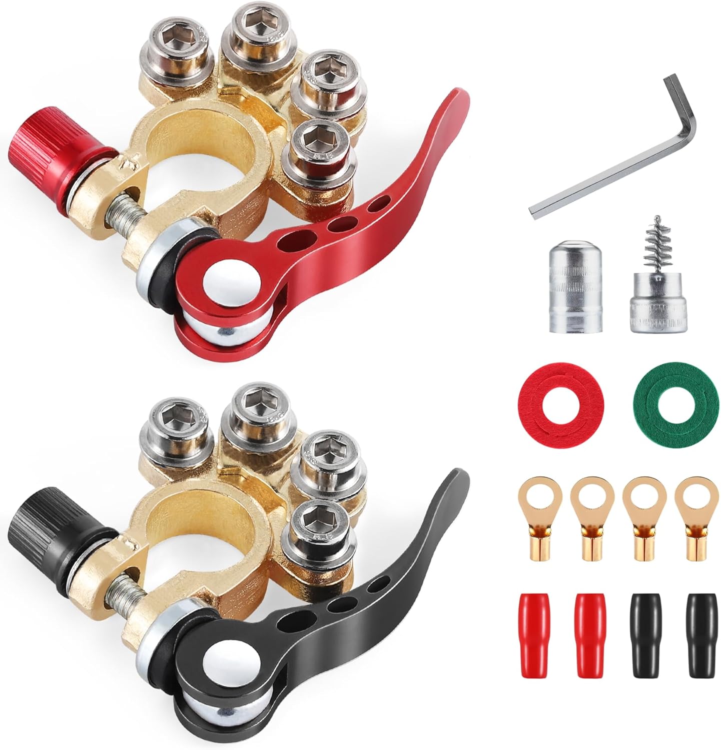 Car Battery Terminal Connector, 4 Way Positive and Negative Pole Quick Release Clip, Applicable to SAE/JIS A Type Post, Compatible with Cars, Trucks More（Gold-A） Way-Gold-A - - Image 1