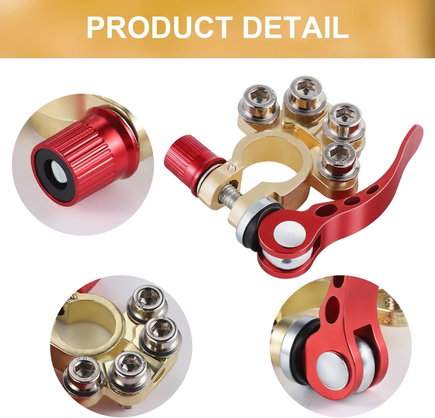 Car Battery Terminal Connector, 4 Way Positive and Negative Pole Quick Release Clip, Applicable to SAE/JIS A Type Post, Compatible with Cars, Trucks More（Gold-A） Way-Gold-A - - Image 3