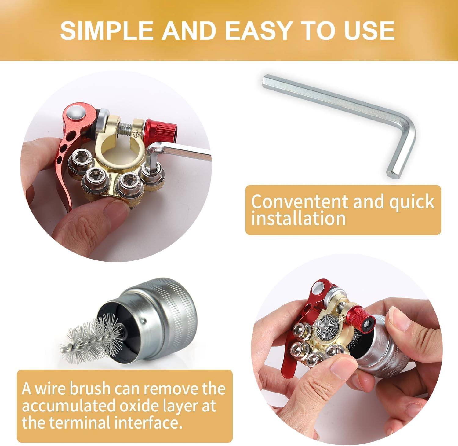 Car Battery Terminal Connector, 4 Way Positive and Negative Pole Quick Release Clip, Applicable to SAE/JIS A Type Post, Compatible with Cars, Trucks More（Gold-A） Way-Gold-A - - Image 4