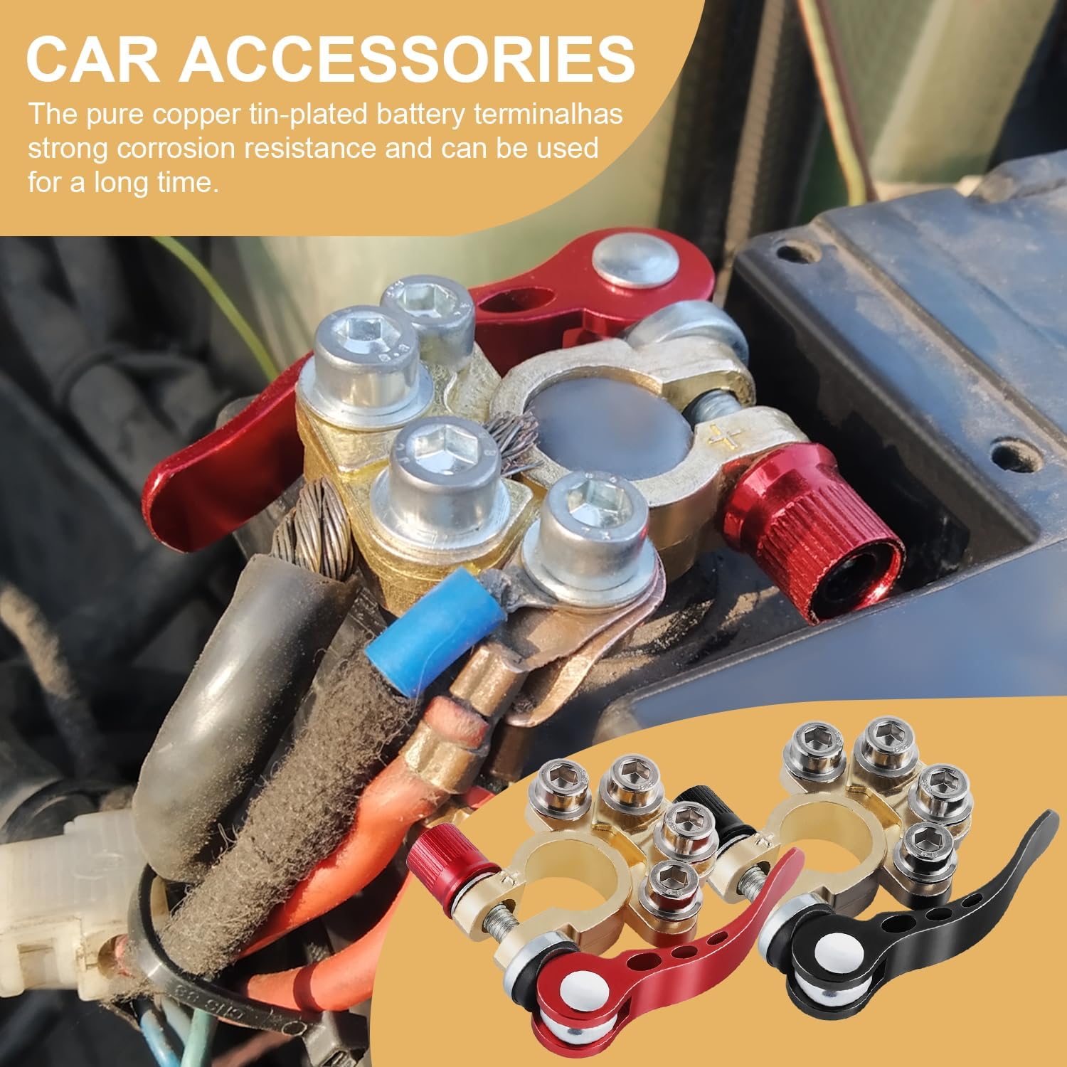 Car Battery Terminal Connector, 4 Way Positive and Negative Pole Quick Release Clip, Applicable to SAE/JIS A Type Post, Compatible with Cars, Trucks More（Gold-A） Way-Gold-A - - Image 6