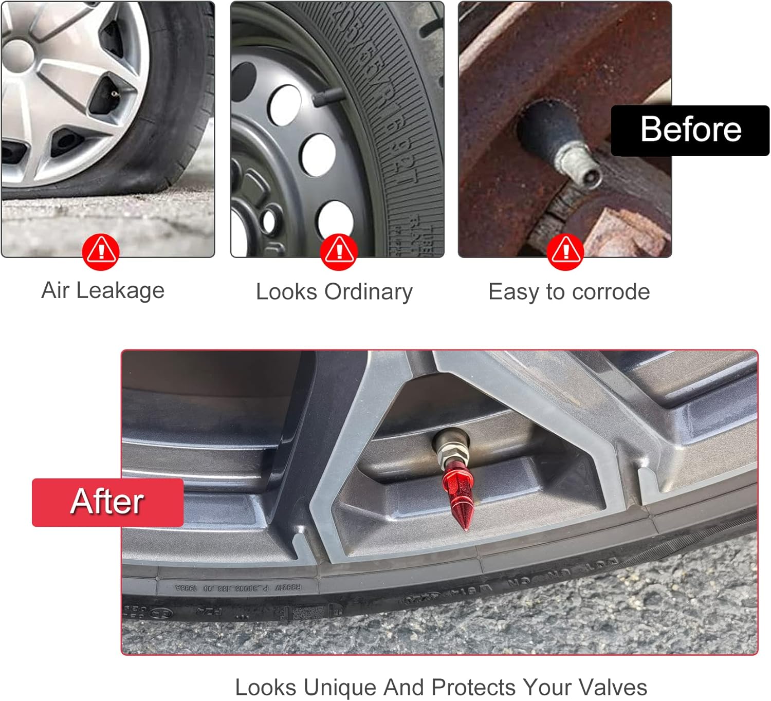 45mm Spiked Aluminum Stem Valve Caps,4PCS Dustproof Tire Wheel Caps for Cars,SUVs,Trucks Bicycles and Motorcycles(Red) 45MM-Red - - Image 6