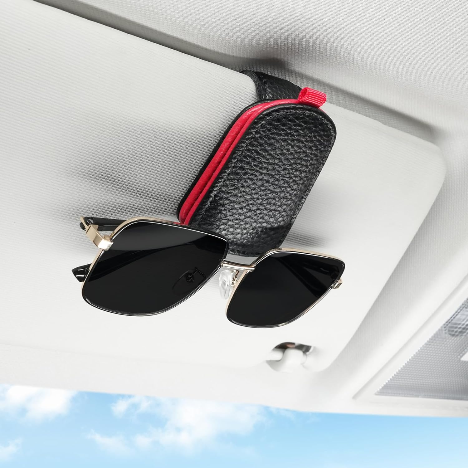 Sunglasses Holder for Car, Leather Magnetic Buckle Sun Visor Sunglass Clip, Ticket Card Storage Glasses Car Interior Accessories Men and Women（Black-red） Black-Red 1PCS - Image 1