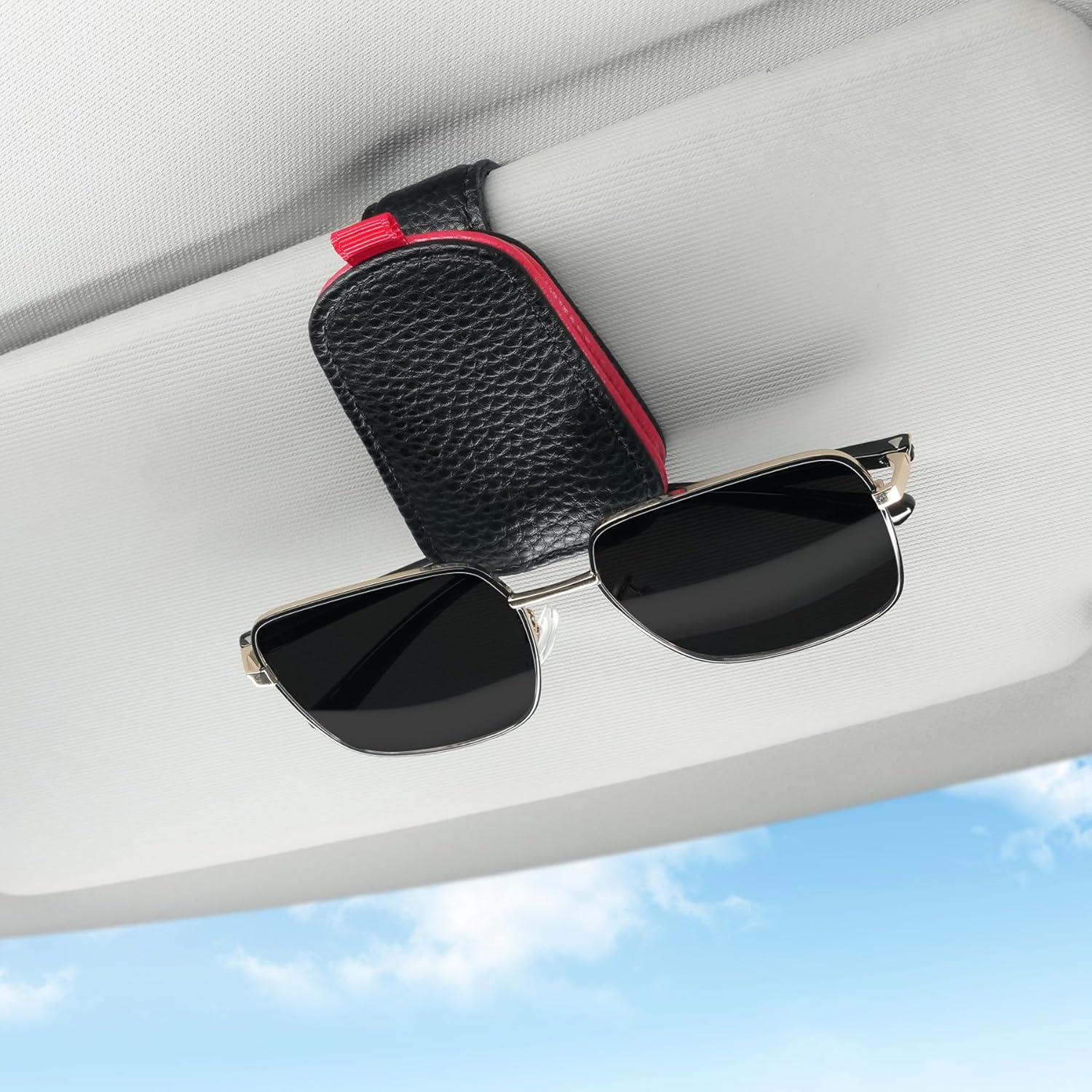 Sunglasses Holder for Car, Leather Magnetic Buckle Sun Visor Sunglass Clip, Ticket Card Storage Glasses Car Interior Accessories Men and Women（Black-red） Black-Red 1PCS - Image 2