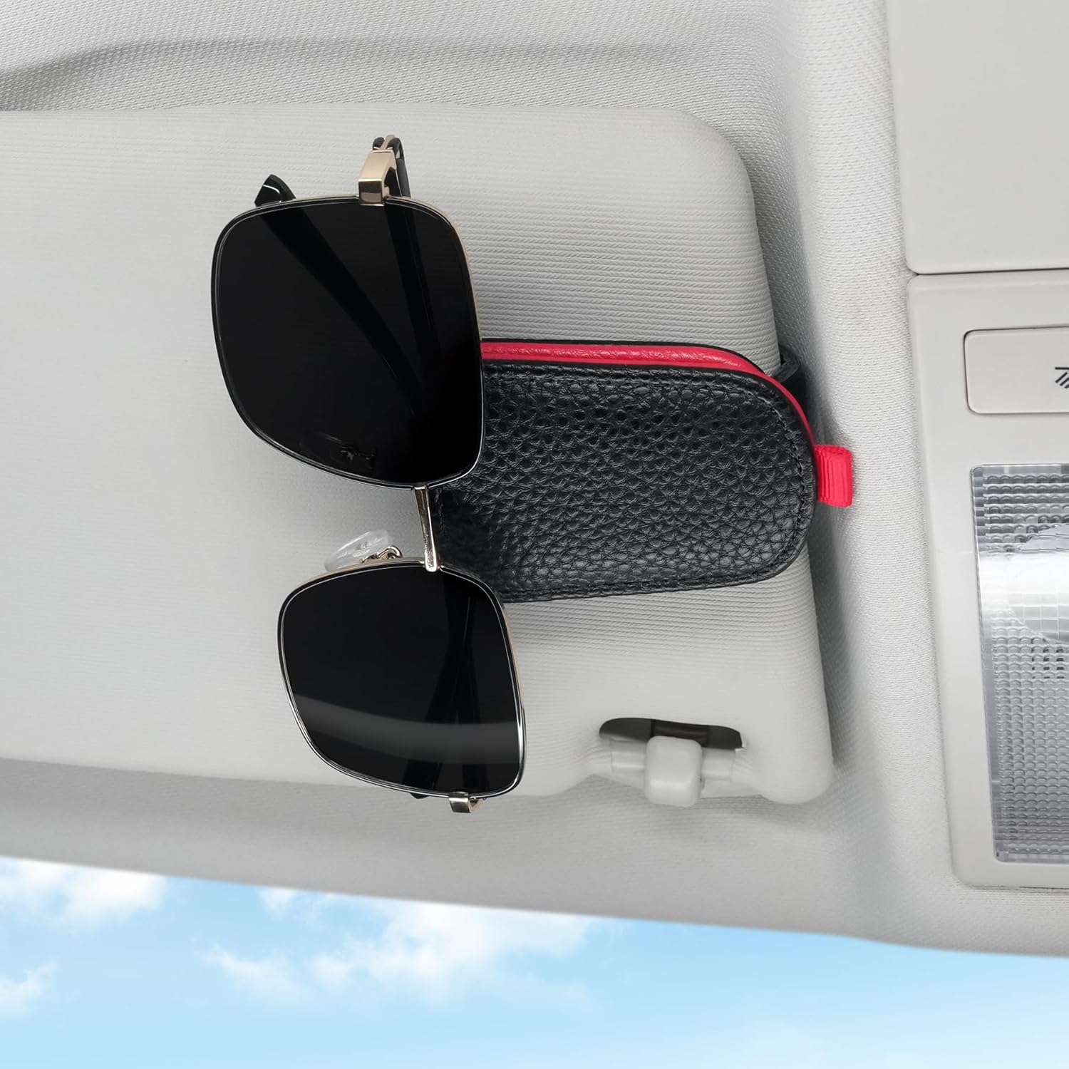 Sunglasses Holder for Car, Leather Magnetic Buckle Sun Visor Sunglass Clip, Ticket Card Storage Glasses Car Interior Accessories Men and Women（Black-red） Black-Red 1PCS - Image 3