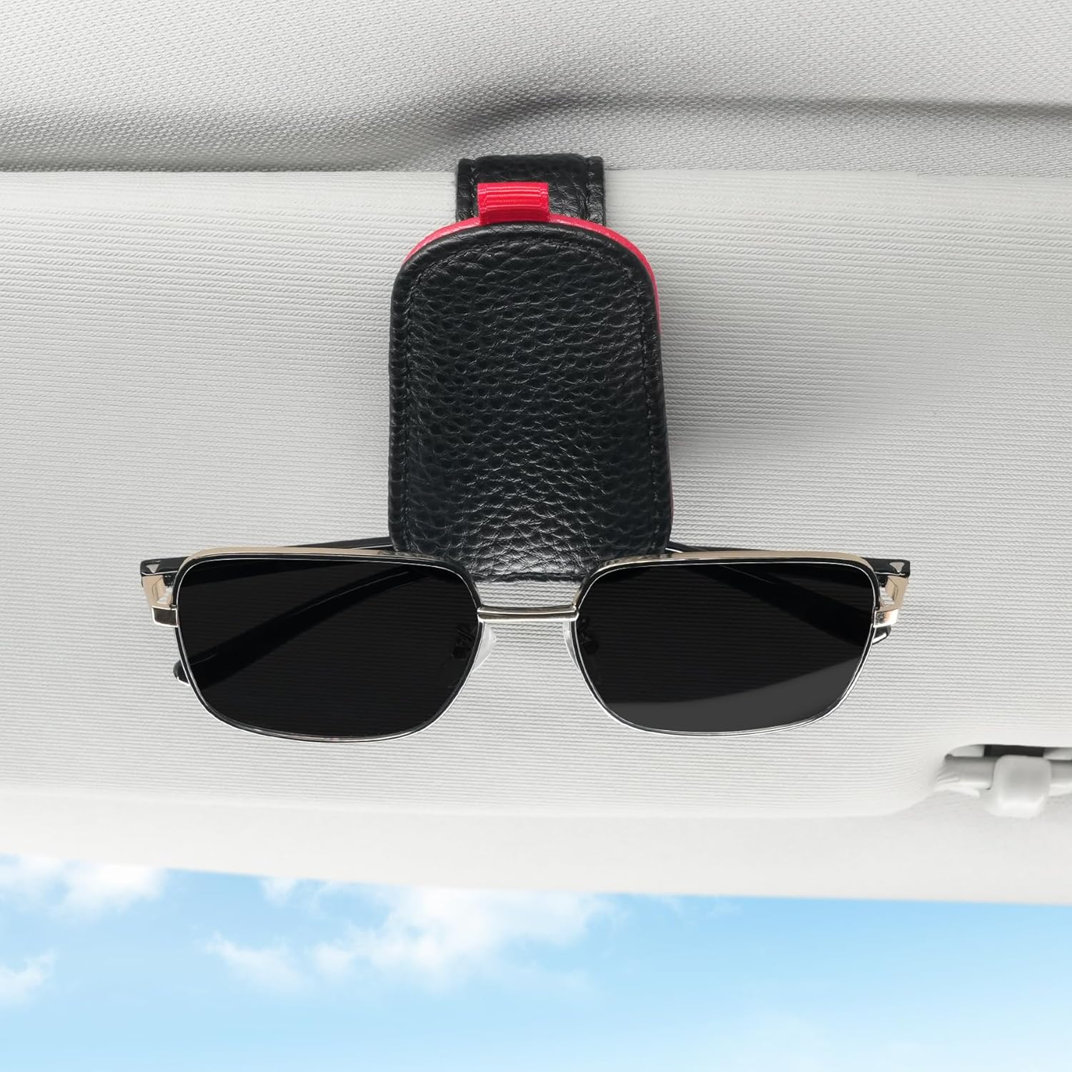 Sunglasses Holder for Car, Leather Magnetic Buckle Sun Visor Sunglass Clip, Ticket Card Storage Glasses Car Interior Accessories Men and Women（Black-red） Black-Red 1PCS - Image 4