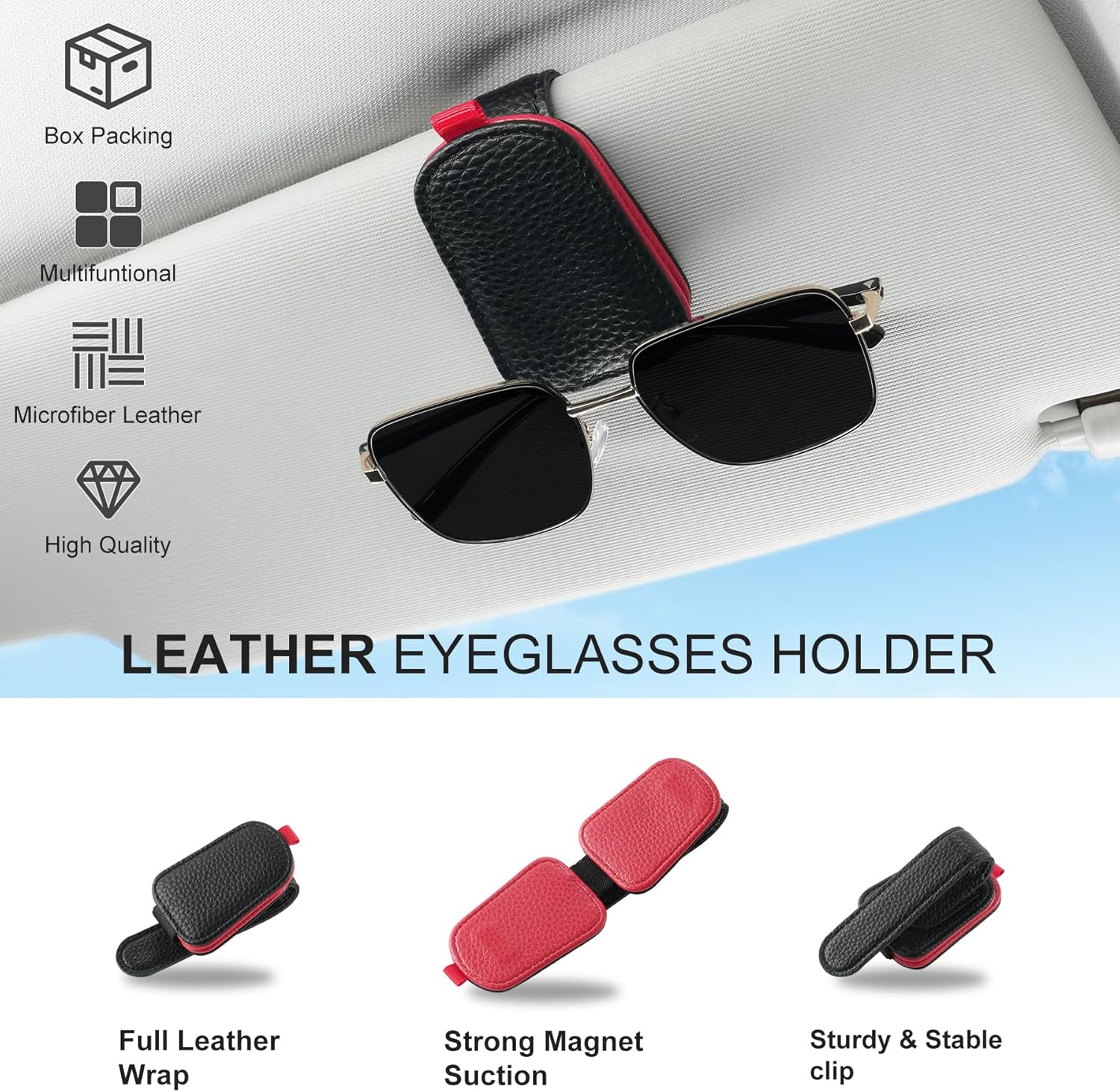 Sunglasses Holder for Car, Leather Magnetic Buckle Sun Visor Sunglass Clip, Ticket Card Storage Glasses Car Interior Accessories Men and Women（Black-red） Black-Red 1PCS - Image 5