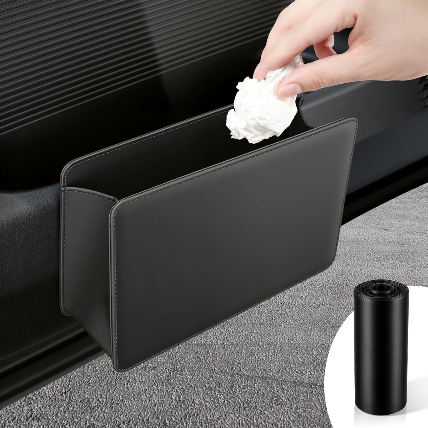 Car Door Trash Can, Leather Vehicle Bin, Mini Dustbin Garbage Container Can with 30 Pcs Bags, Foldable Storage Bag Organizer, Accessories Interior for Women Men, Black - - Image 1