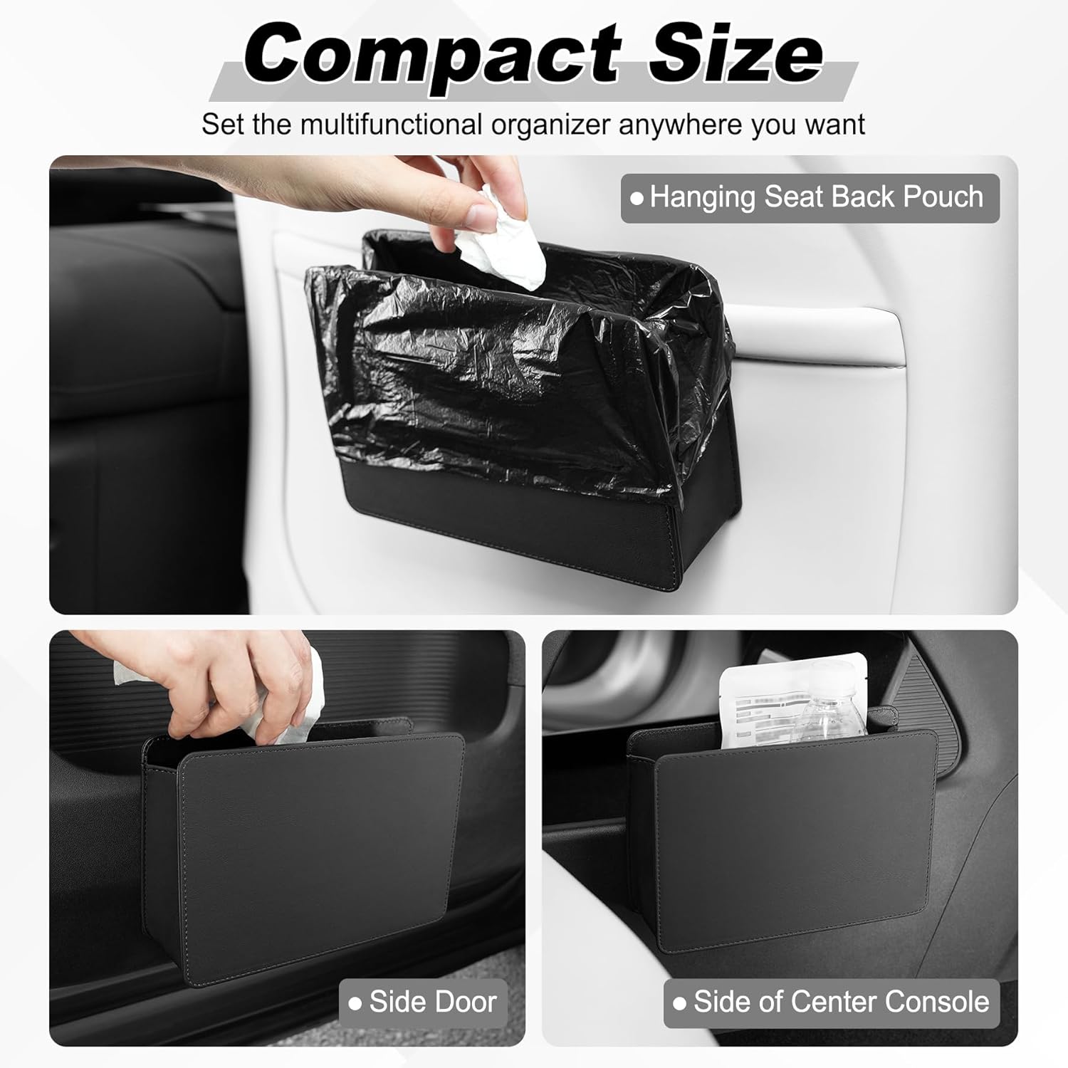 Car Door Trash Can, Leather Vehicle Bin, Mini Dustbin Garbage Container Can with 30 Pcs Bags, Foldable Storage Bag Organizer, Accessories Interior for Women Men, Black - - Image 4