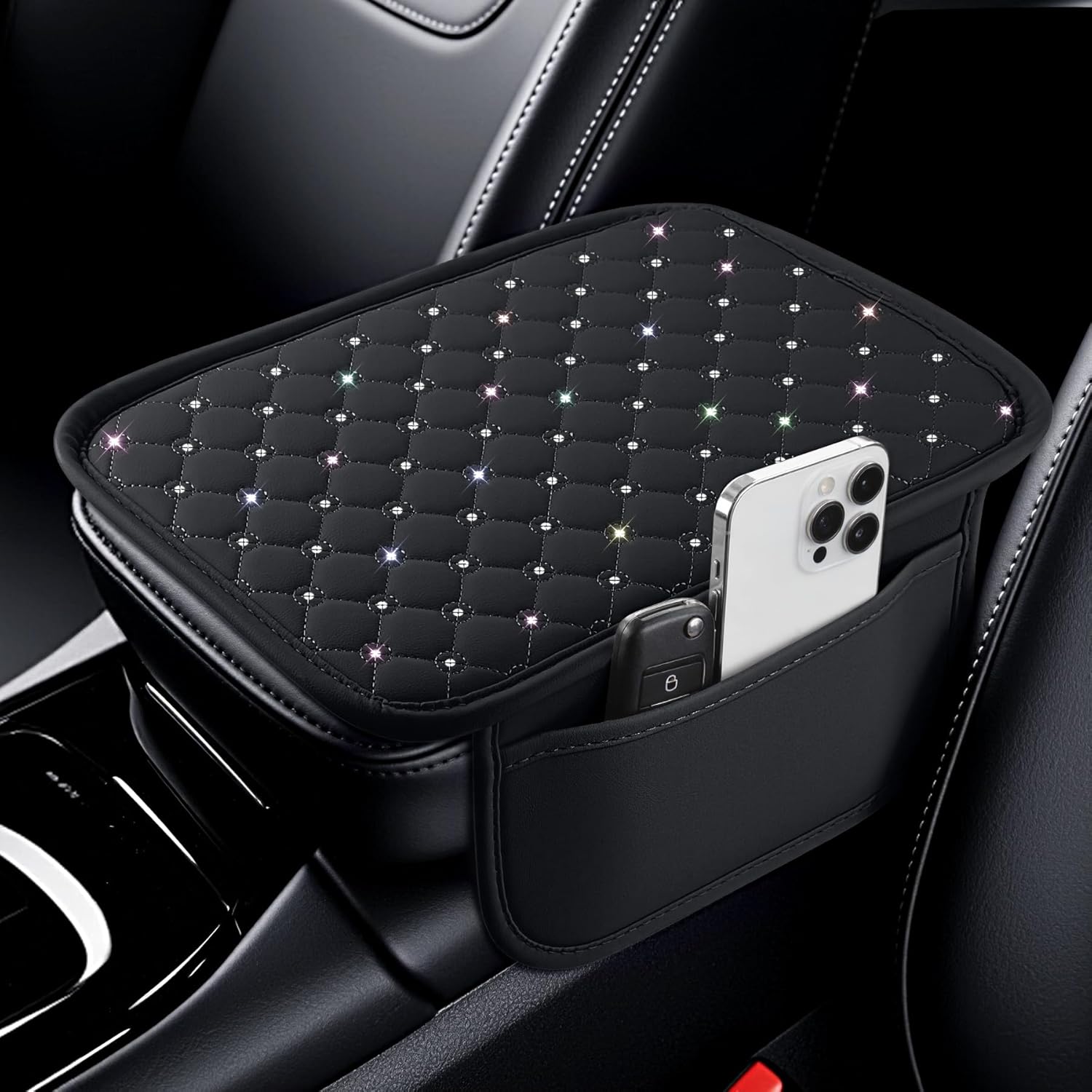 Bling Center Console Arm Rest Cover for Car, Middle Armrest Storage Box Cover, Interior Car Accessories Women and Man Gifts Sets (Black) black - - Image 1