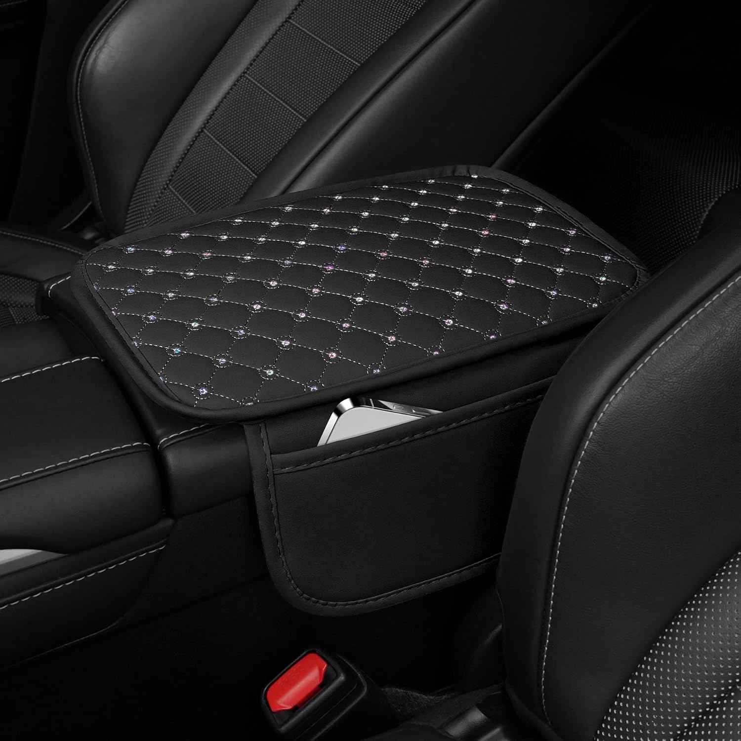Bling Center Console Arm Rest Cover for Car, Middle Armrest Storage Box Cover, Interior Car Accessories Women and Man Gifts Sets (Black) black - - Image 2