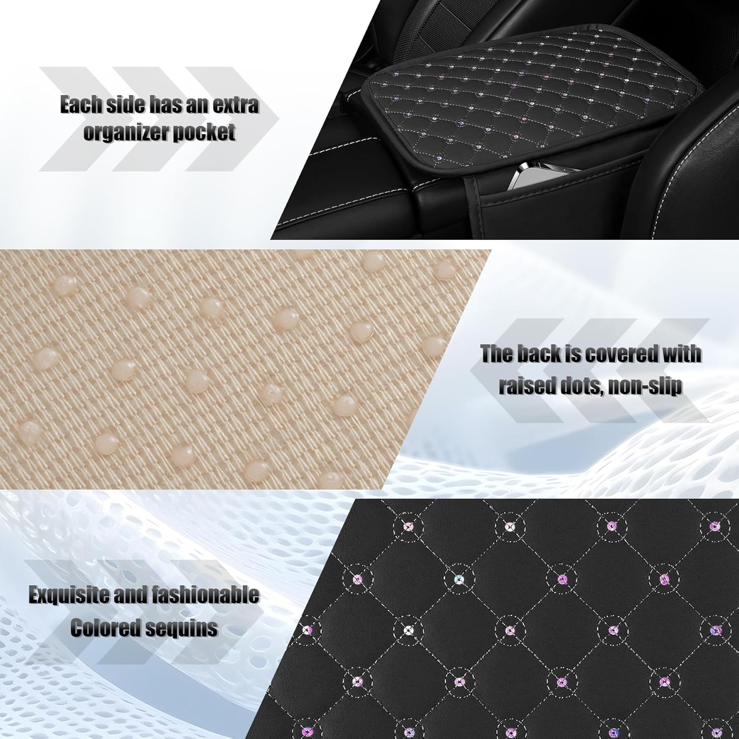 Bling Center Console Arm Rest Cover for Car, Middle Armrest Storage Box Cover, Interior Car Accessories Women and Man Gifts Sets (Black) black - - Image 4