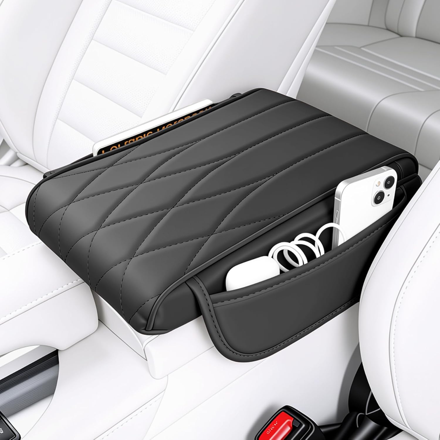 Car Center Console Cover Pad, Universal Leather Waterproof Arm Rest for with 2 Storage Bags, Interior Accessories Most Vehicles, Cars, SUVs, Trucks (Black) black - - Image 1