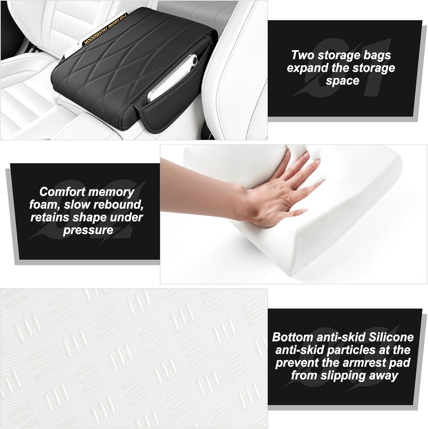 Car Center Console Cover Pad, Universal Leather Waterproof Arm Rest for with 2 Storage Bags, Interior Accessories Most Vehicles, Cars, SUVs, Trucks (Black) black - - Image 3