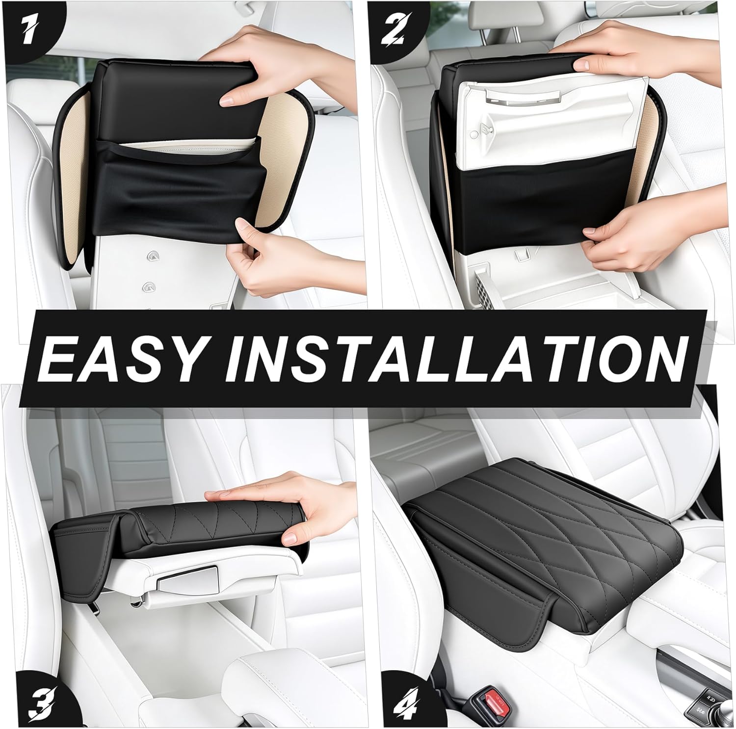 Car Center Console Cover Pad, Universal Leather Waterproof Arm Rest for with 2 Storage Bags, Interior Accessories Most Vehicles, Cars, SUVs, Trucks (Black) black - - Image 4