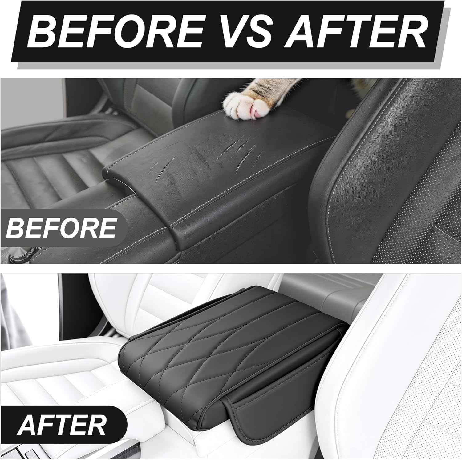 Car Center Console Cover Pad, Universal Leather Waterproof Arm Rest for with 2 Storage Bags, Interior Accessories Most Vehicles, Cars, SUVs, Trucks (Black) black - - Image 6