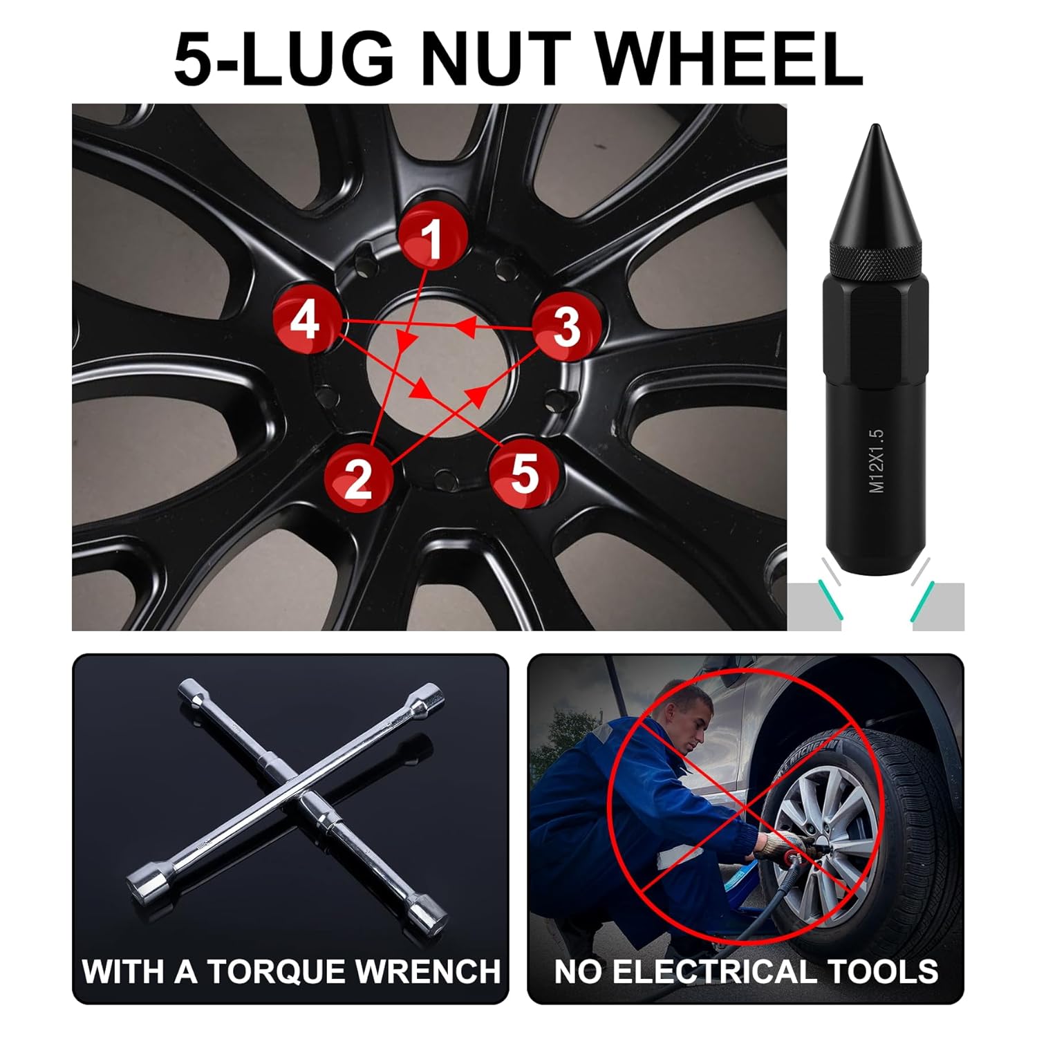 20PCS M12X1.5 Wheel Lug Nuts, Cap Spiked Extended Tuner 60mm Aluminum Wheels Rims Nuts (Black) Black - Image 5