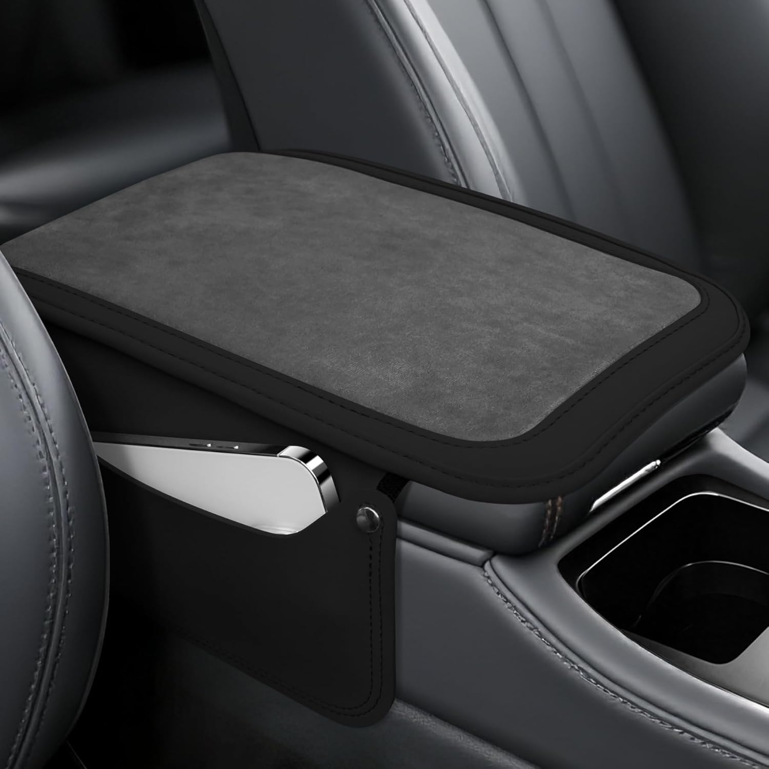 Car Leather Furry Center Console Cover with 2 Storage Bags, Universal Fluffy Armrest Seat Box Pad, Comfortable Interior Accessories, Fits for Most Vehicles (Black) Black - - Image 1