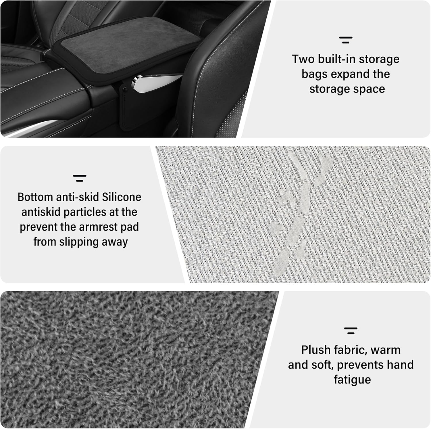 Car Leather Furry Center Console Cover with 2 Storage Bags, Universal Fluffy Armrest Seat Box Pad, Comfortable Interior Accessories, Fits for Most Vehicles (Black) Black - - Image 3