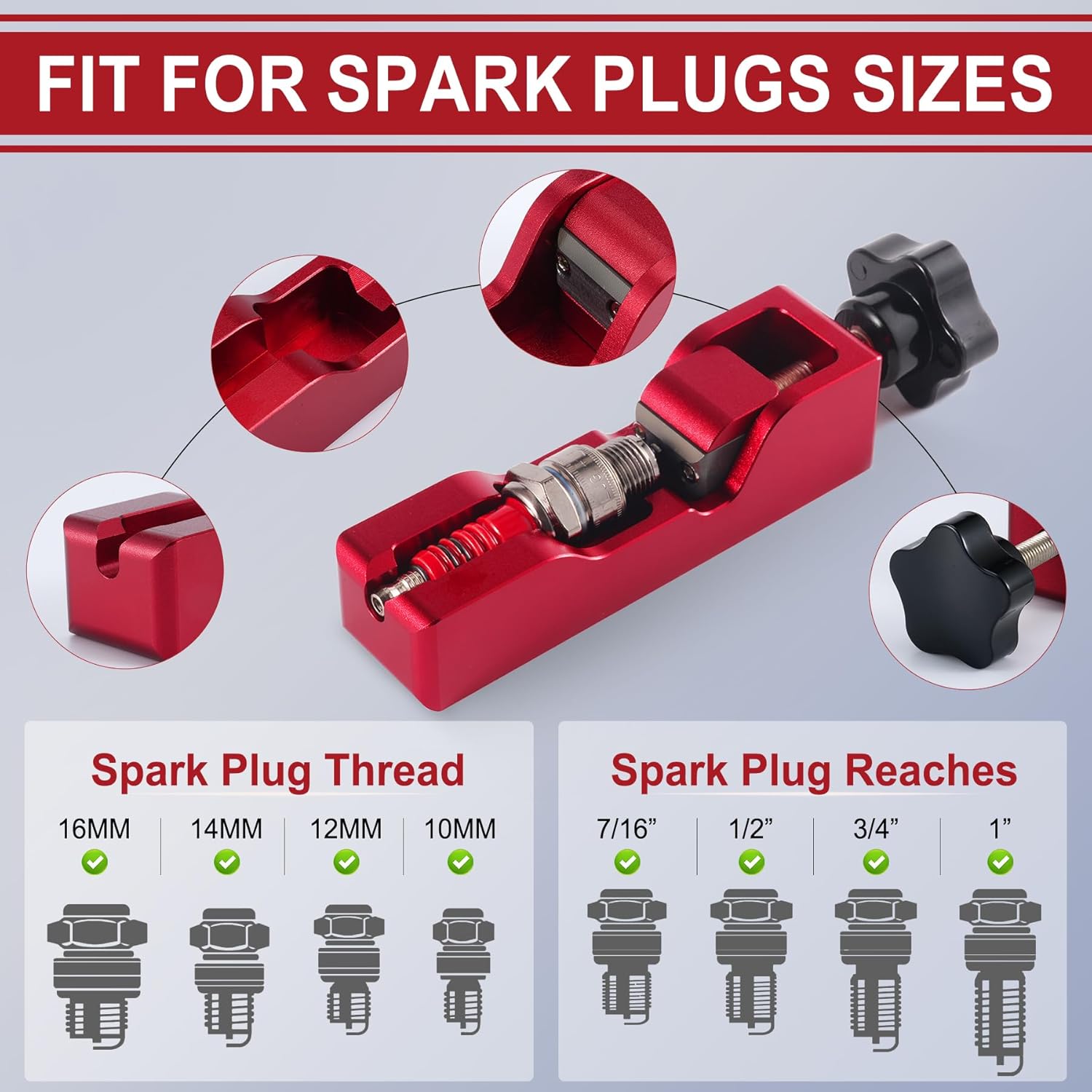 Spark Plug Gap Tool, Universal Gapper with 32 Blade Steel Feeler Gauge, Thread Plugs Compatible for Most 10mm 12mm 14mm 16mm (Red) Red+Feeler Gauge - - Image 3
