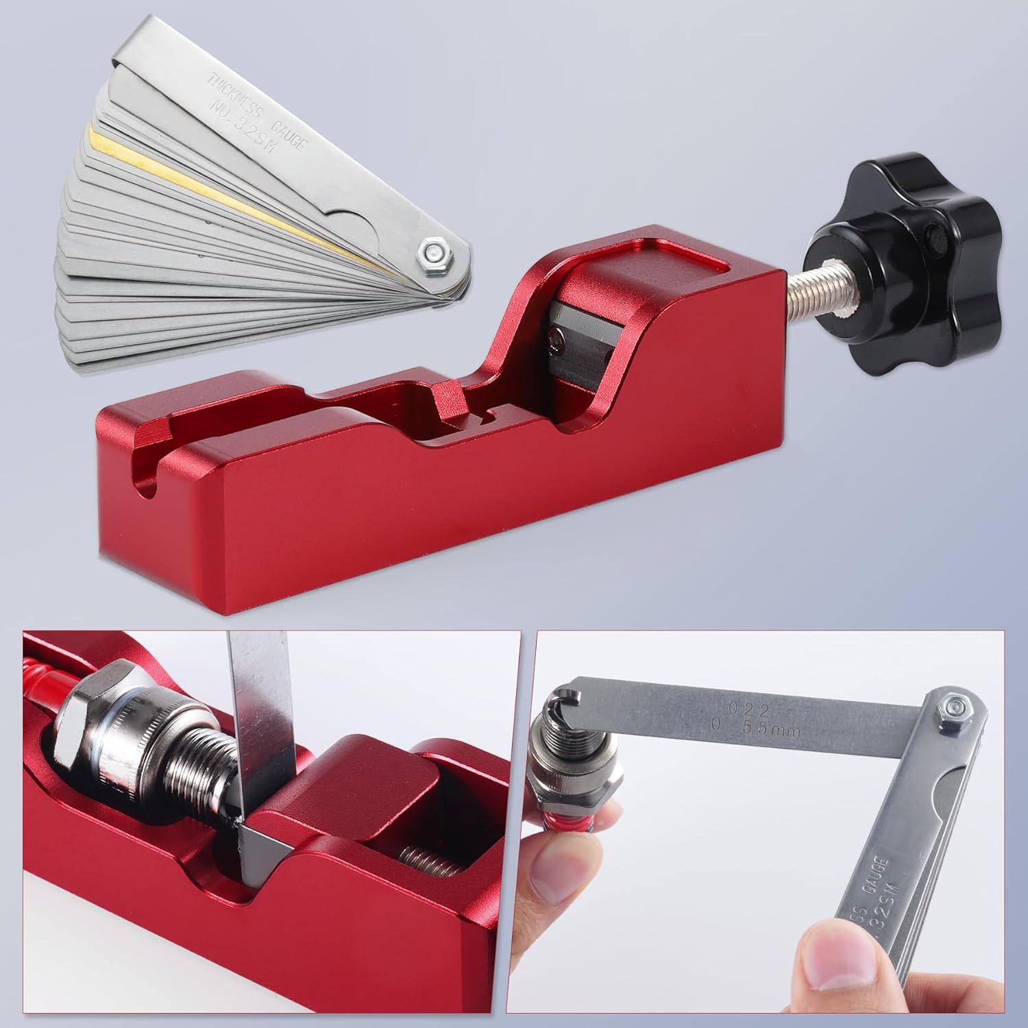 Spark Plug Gap Tool, Universal Gapper with 32 Blade Steel Feeler Gauge, Thread Plugs Compatible for Most 10mm 12mm 14mm 16mm (Red) Red+Feeler Gauge - - Image 6