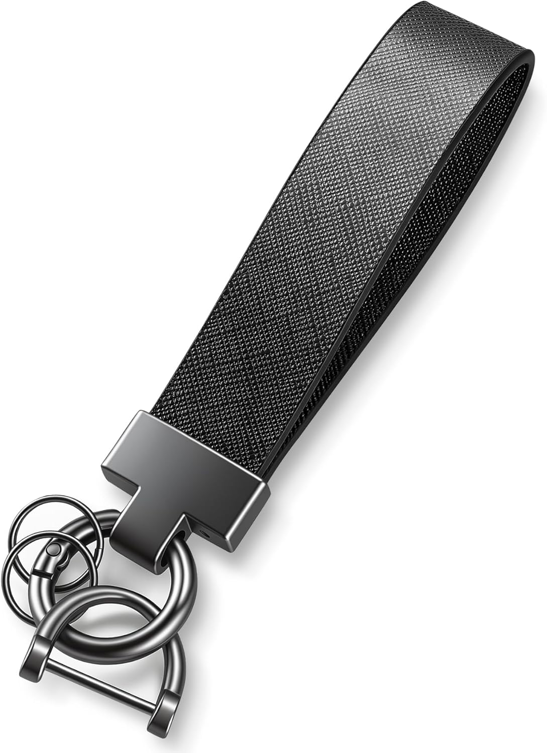 Leather Car Keychain, Universal Heavy Duty Metal Key Chain Holder with 2 Ring and Anti-Lost D-Ring, Accessories for Men Women (Black) Black - - Image 1