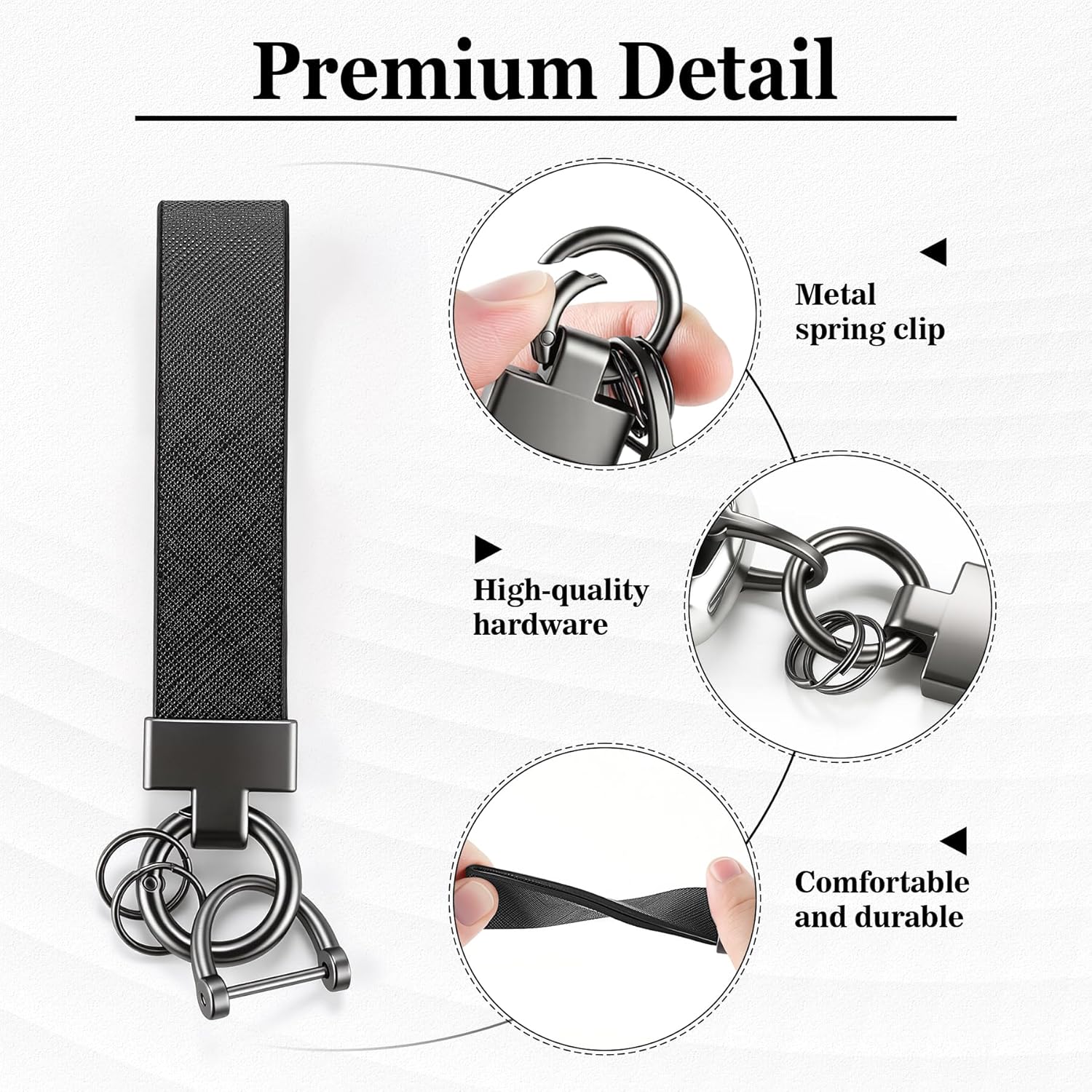 Leather Car Keychain, Universal Heavy Duty Metal Key Chain Holder with 2 Ring and Anti-Lost D-Ring, Accessories for Men Women (Black) Black - - Image 3
